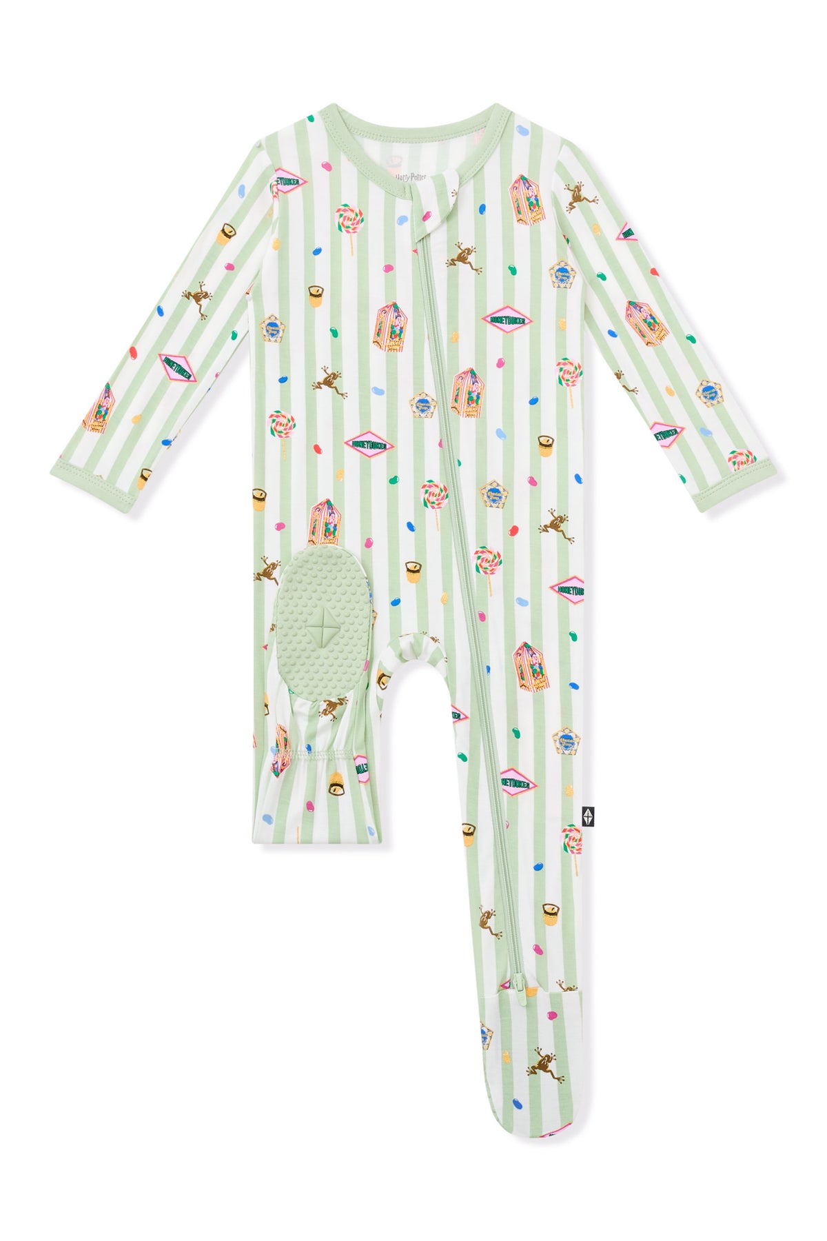 Bottom part of Green and white striped zippered footie with colorful Harry Potter patterns on a white background