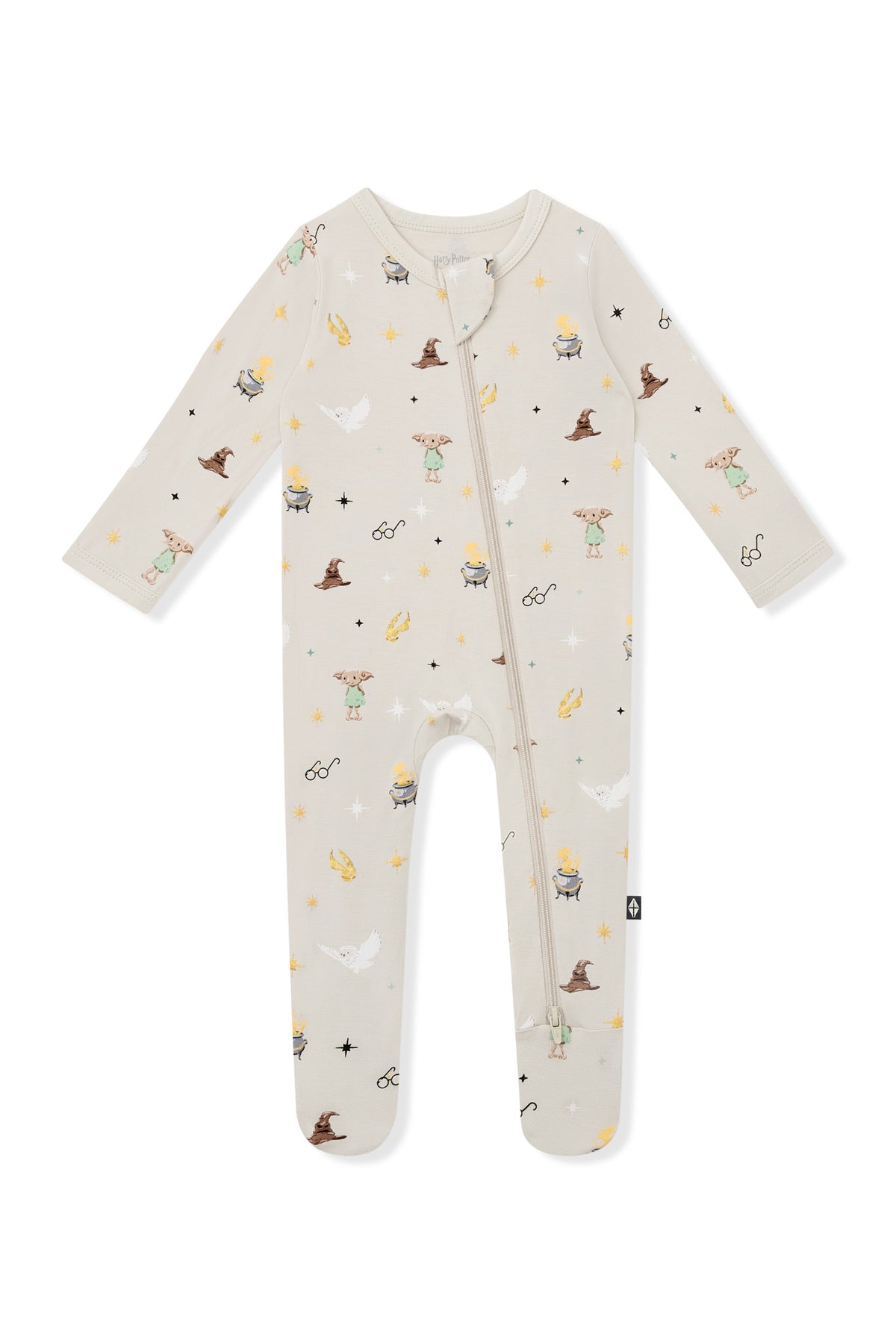 Beige Zippered Footie with Harry Potter prints on a white background