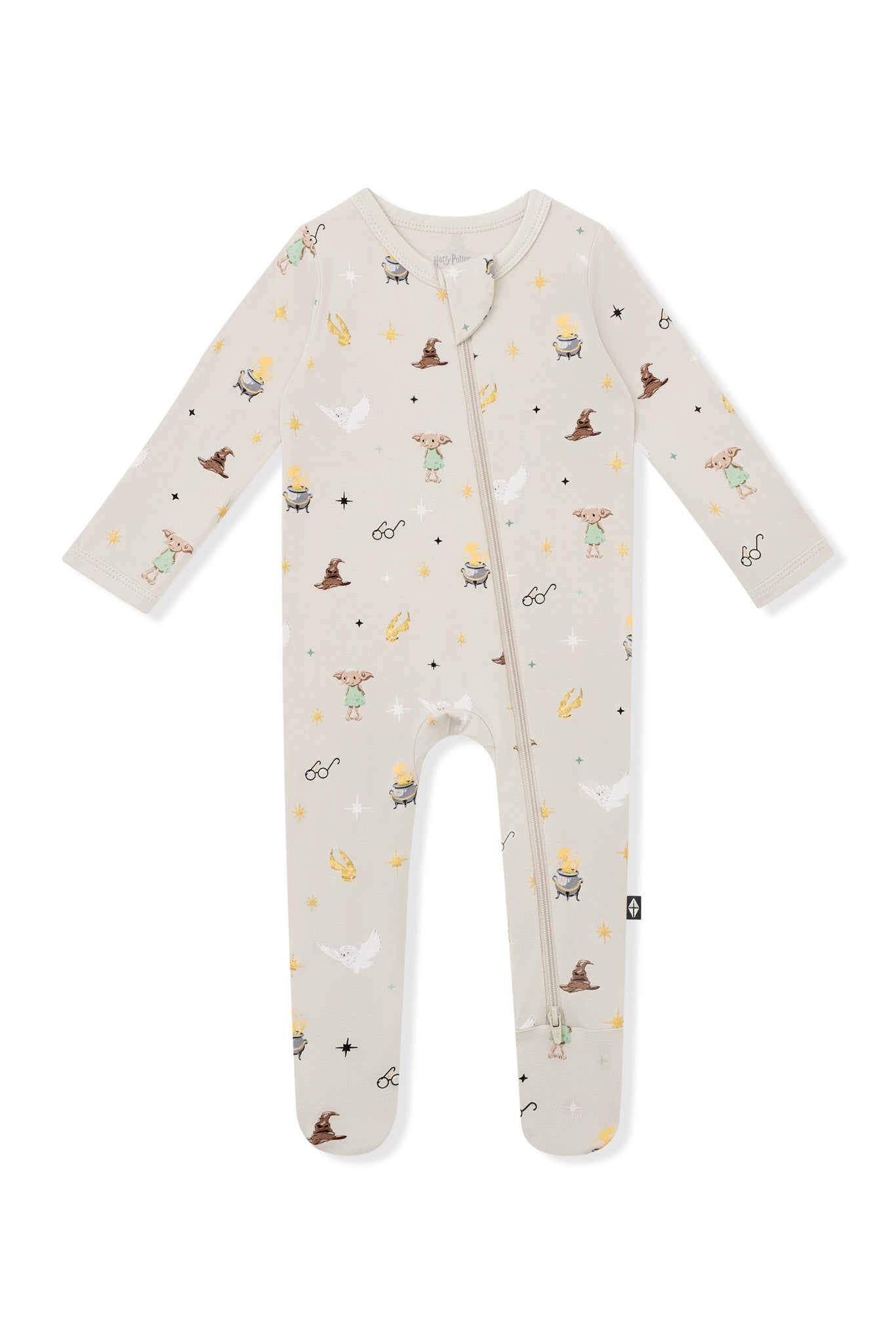 Beige Zippered Footie with Harry Potter prints on a white background