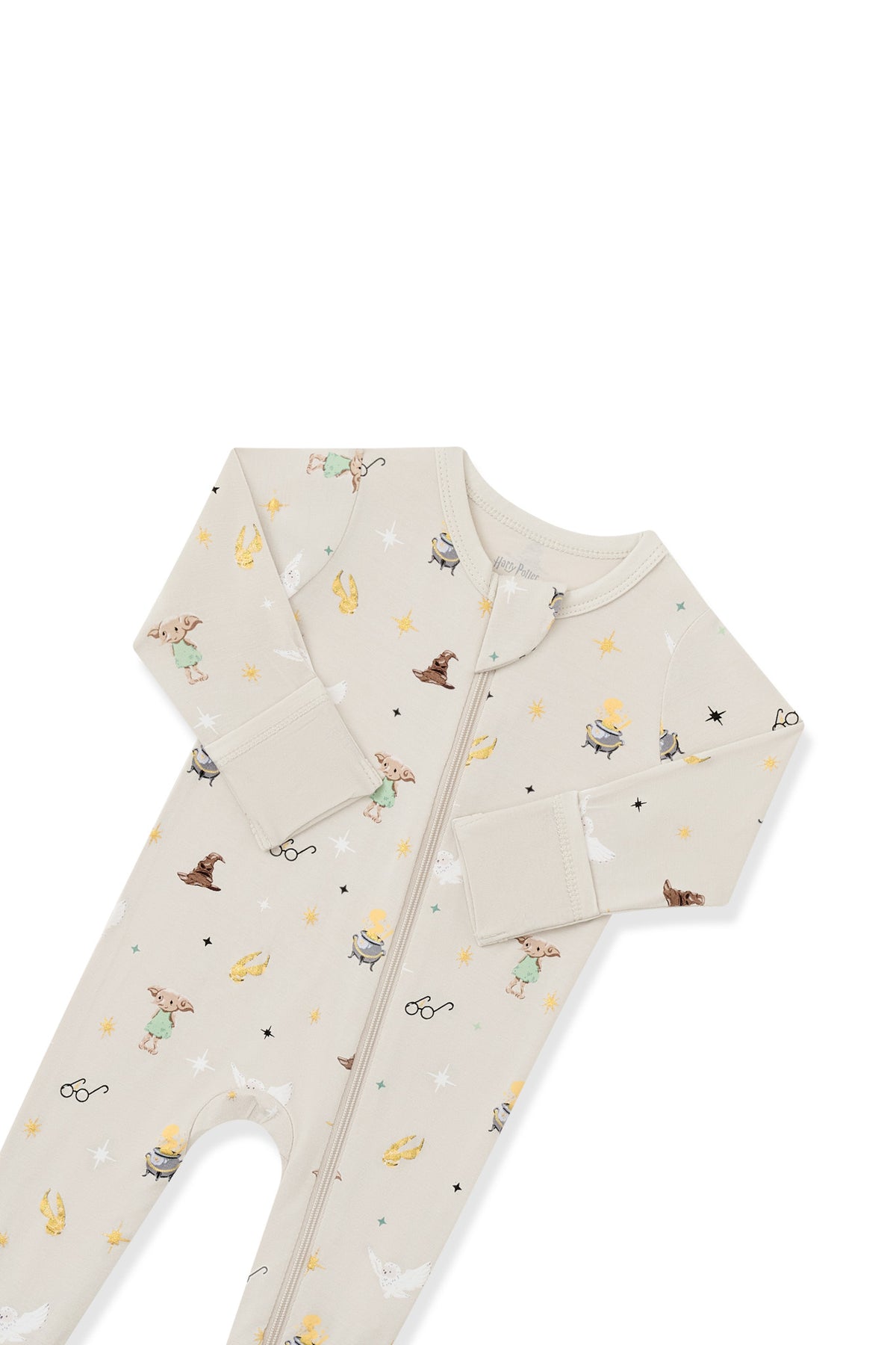 Top part of Beige Zippered Footie with Harry Potter prints on a white background