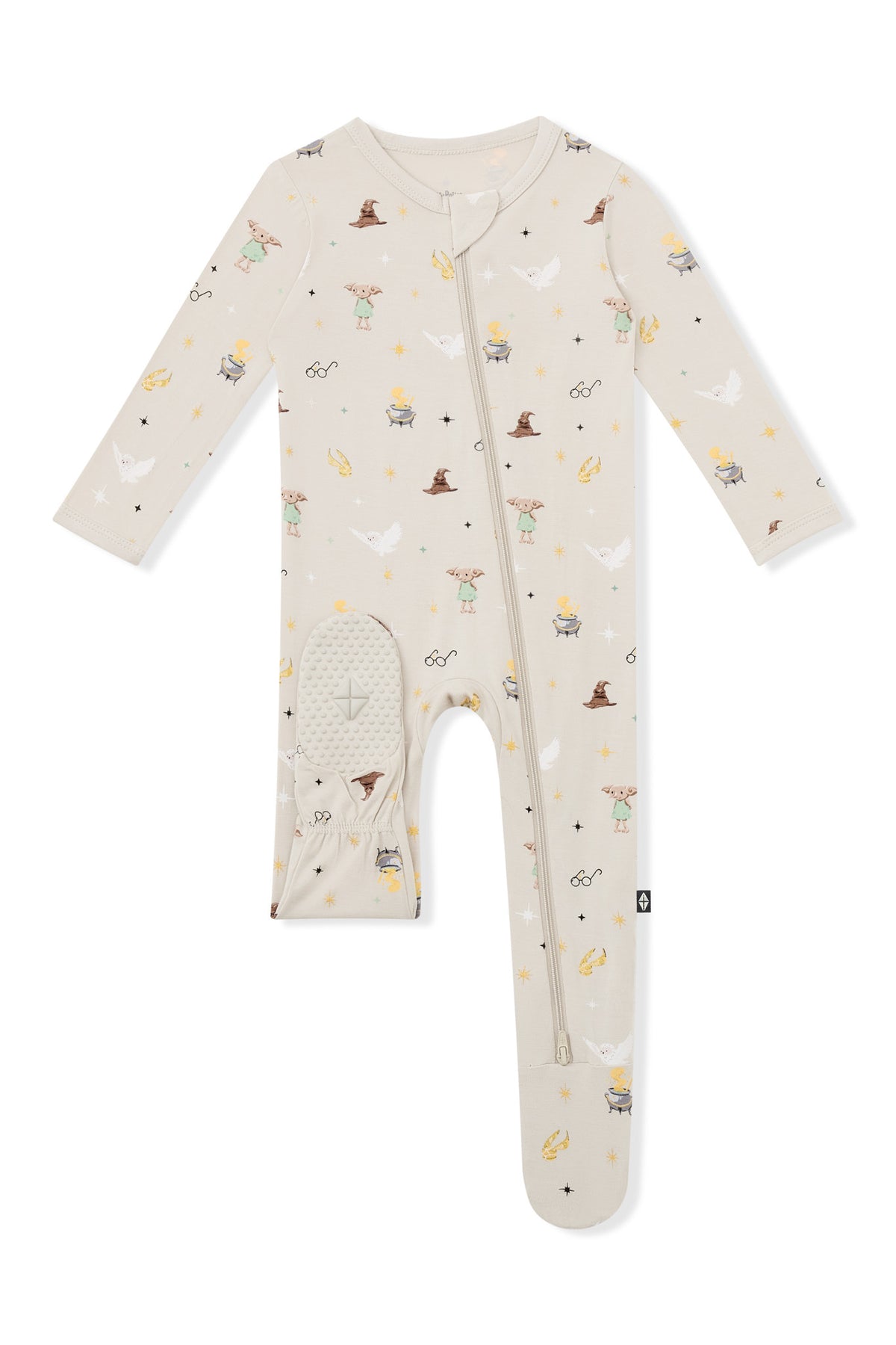Bottom part of Beige Zippered Footie with Harry Potter prints on a white background