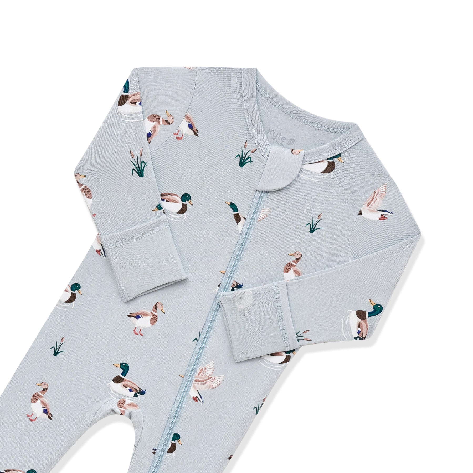 Close up of the zipper garage and fold over hand cuffs on the Zippered Footie in Mallard Duck