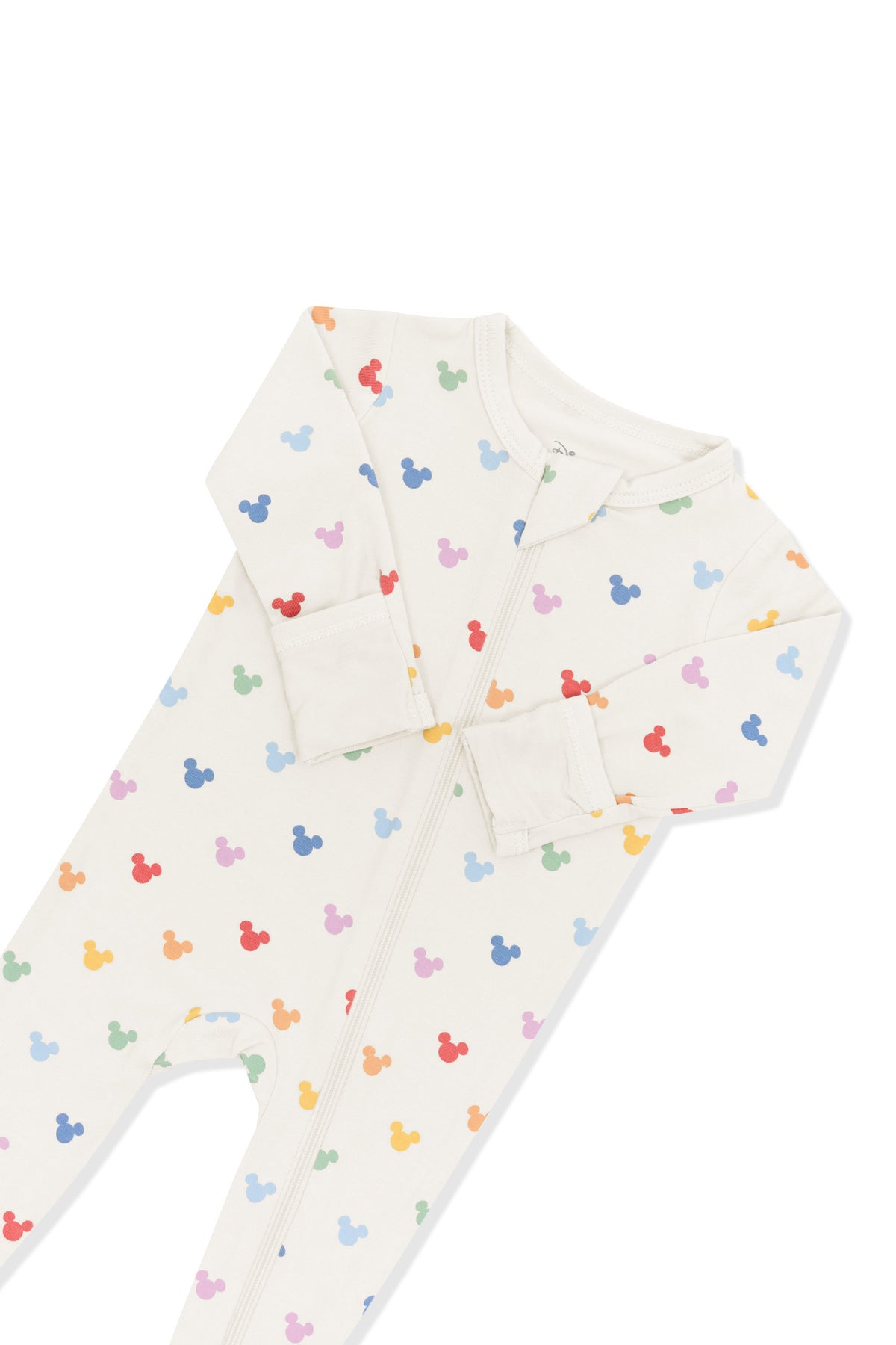 Top part of Zippered Footie in Pastel Mickey Mouse pattern on an oat background