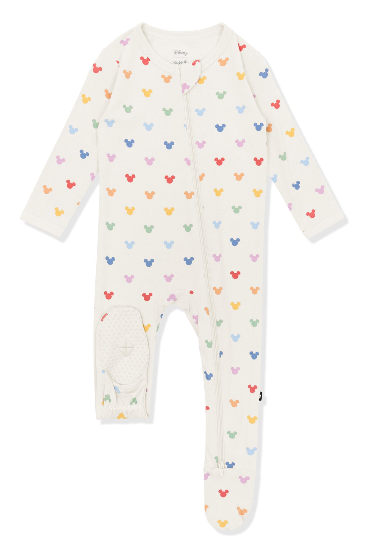 Bottom par of Zippered Footie with Pastel Mickey Mouse pattern on an oat background
