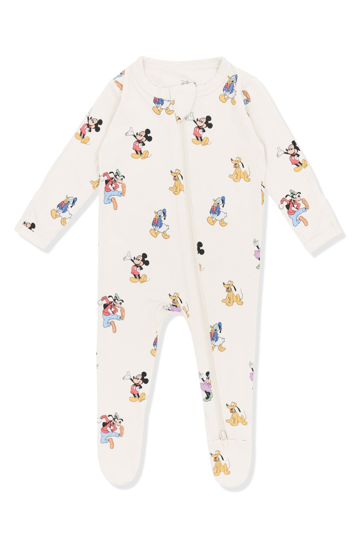 Zippered Footie with Mickey Mouse and Friends print on an oat background