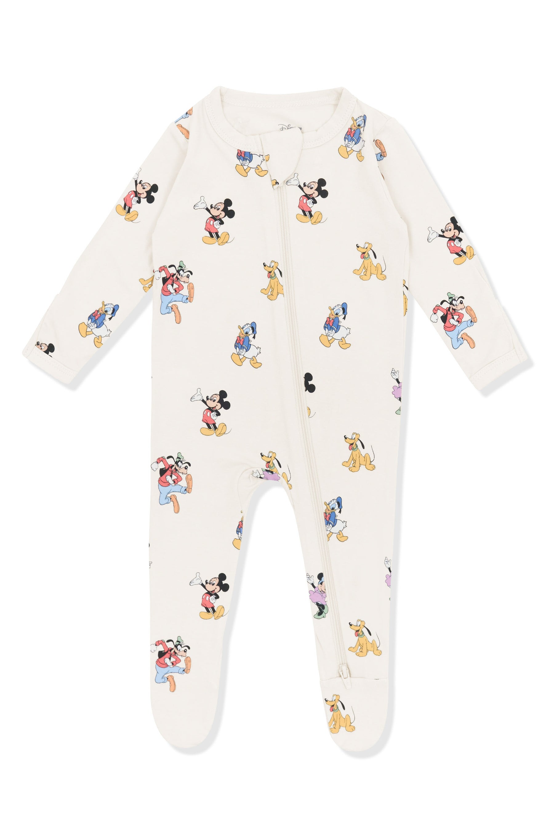 Zippered Footie with Mickey Mouse and Friends print on an oat background