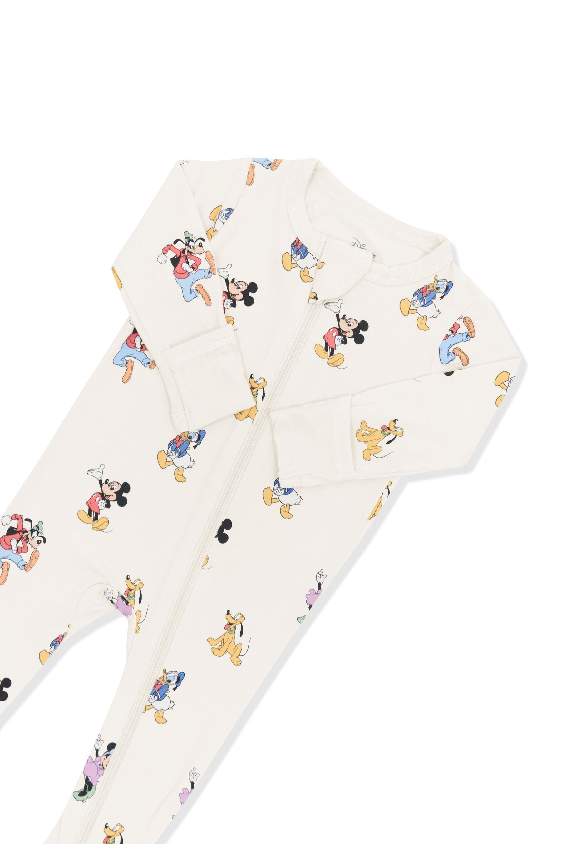 Top part of Zippered Footie in Mickey Mouse and Friends print on an oat background