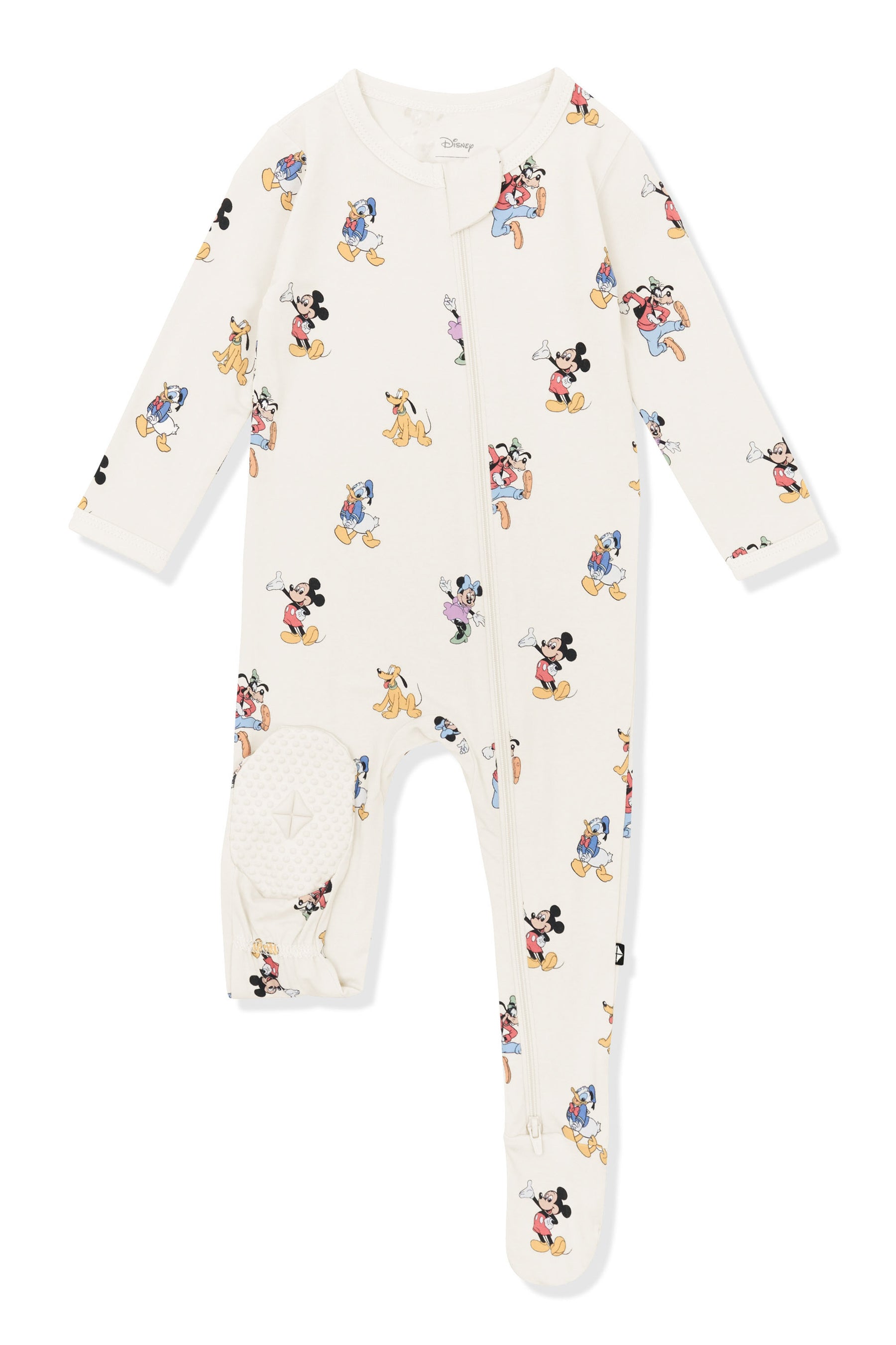 Bottom part of Zippered Footie in Mickey Mouse and Friends print on an oat background