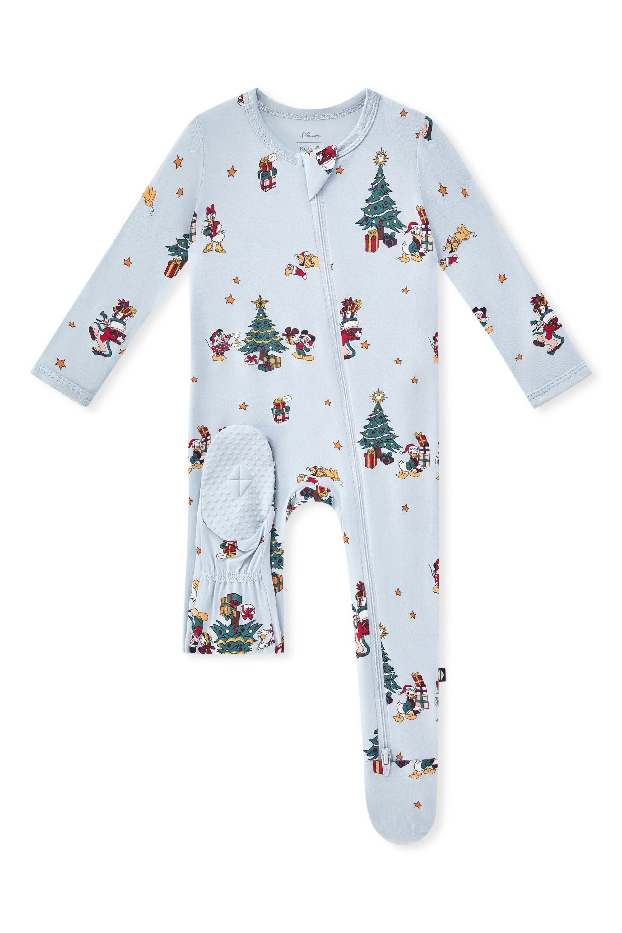 Zippered Footie in Mickey & Friends Christmas print with dotted footie on a white background
