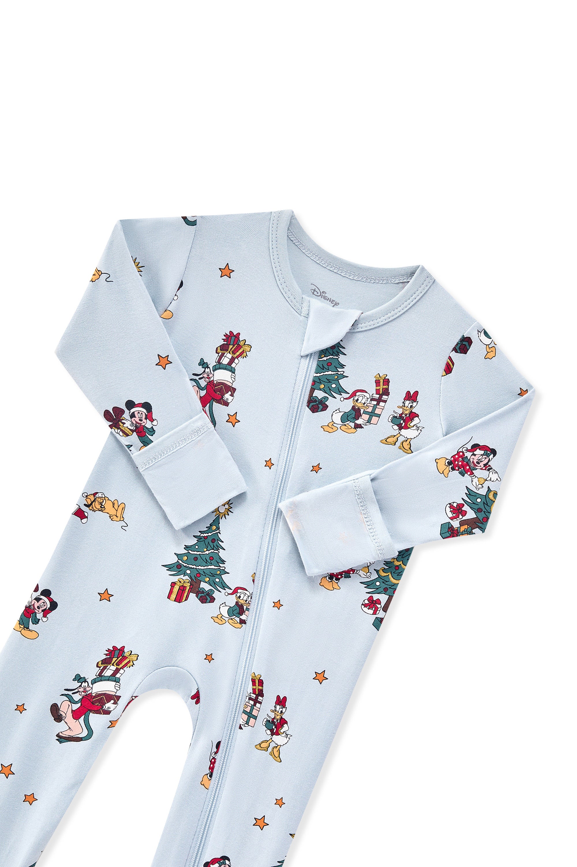 Zippered Footie in Mickey & Friends Christmas print with a zipper garage on a white background