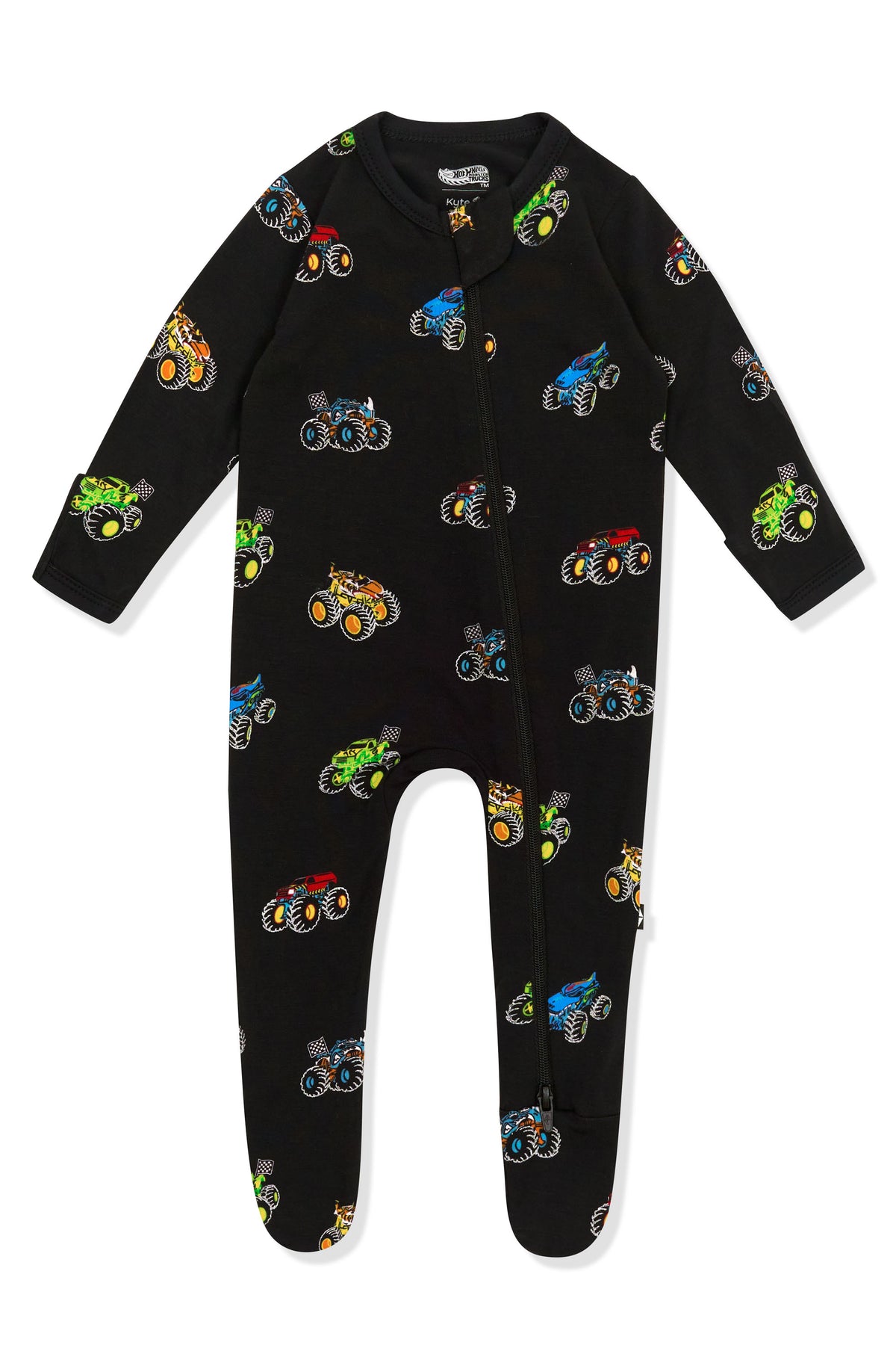 Zippered Footie in Monster Truck print on white background