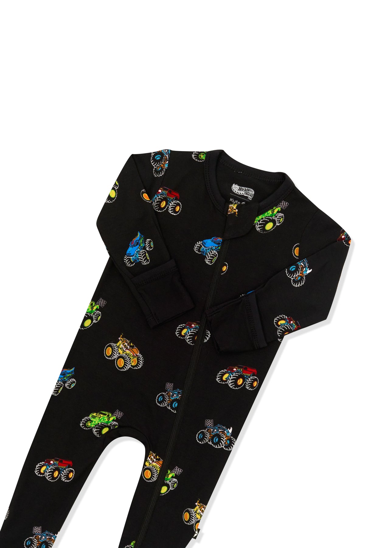 Top part of Zippered Footie in Monster Truck print on white background