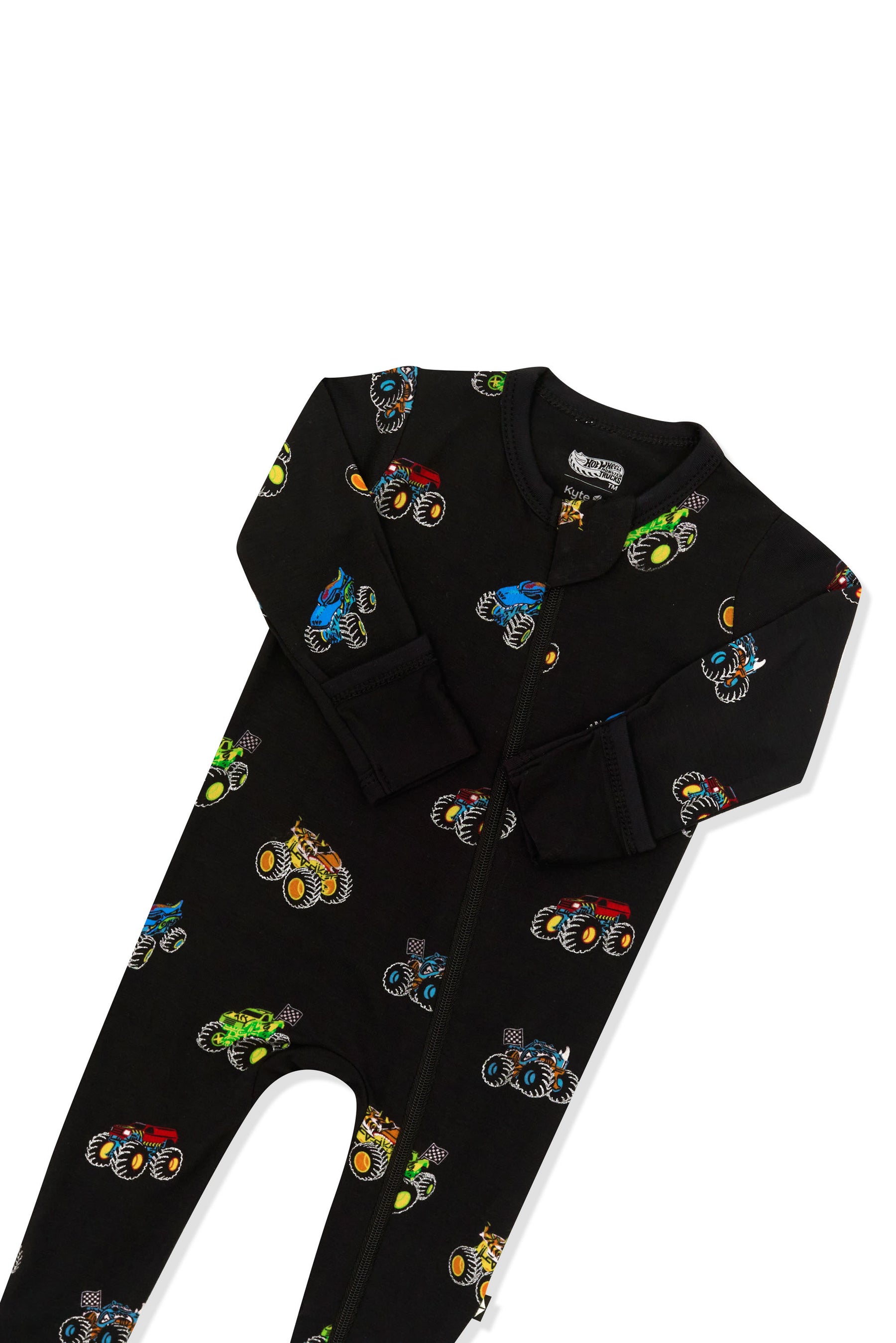 Top part of Zippered Footie in Monster Truck print on white background