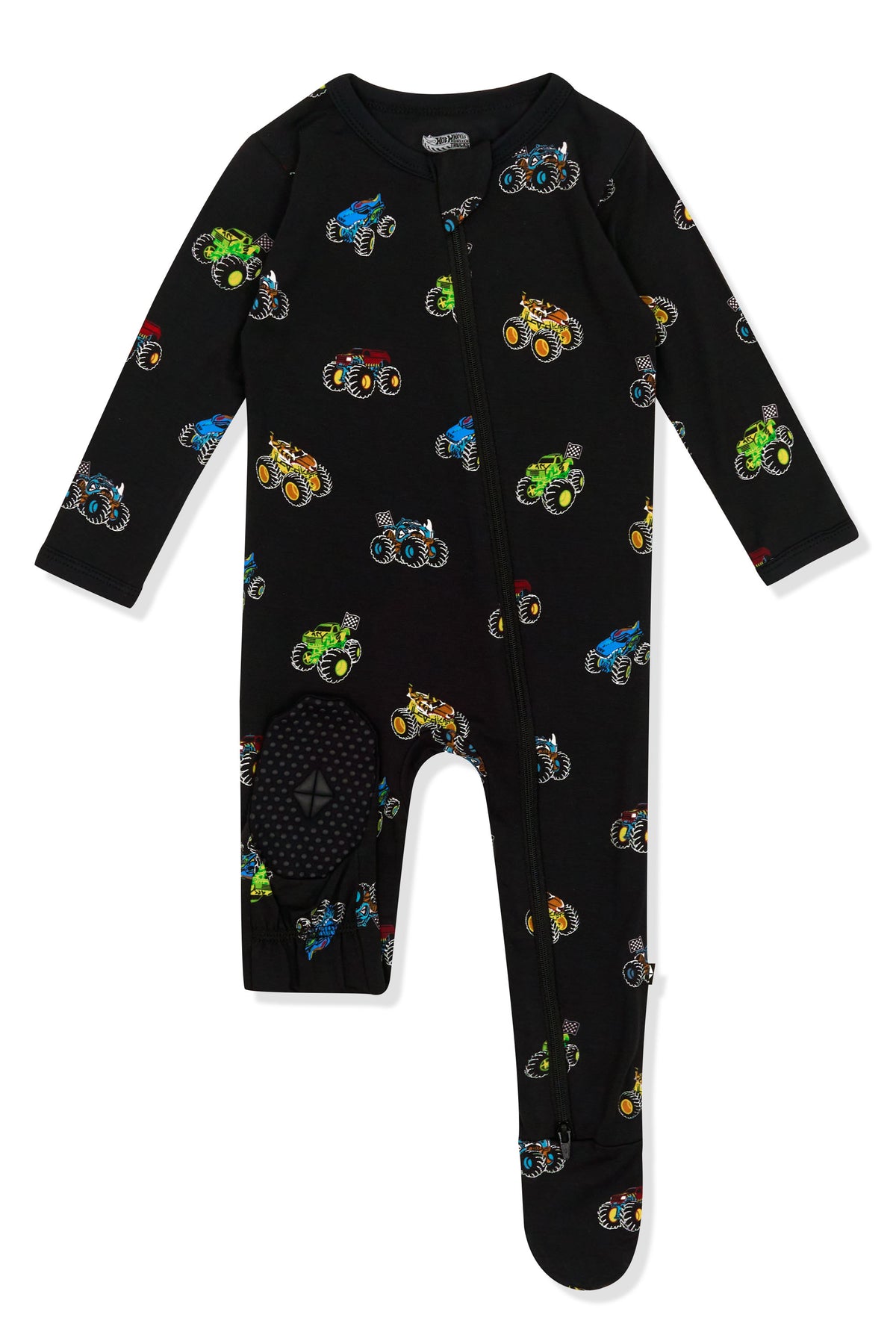 Footies of Zippered Footie in Monster Truck print on white background