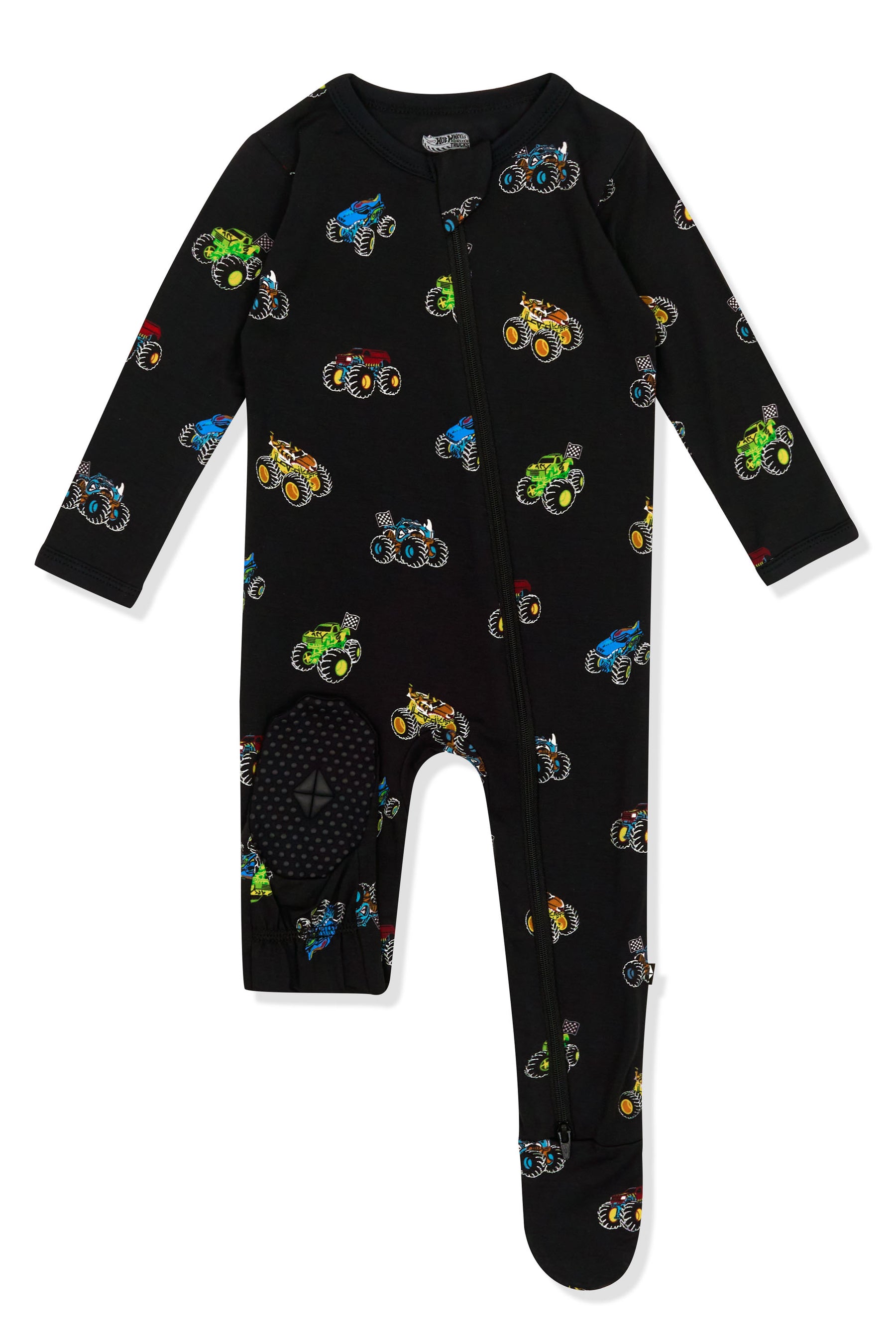 Footies of Zippered Footie in Monster Truck print on white background