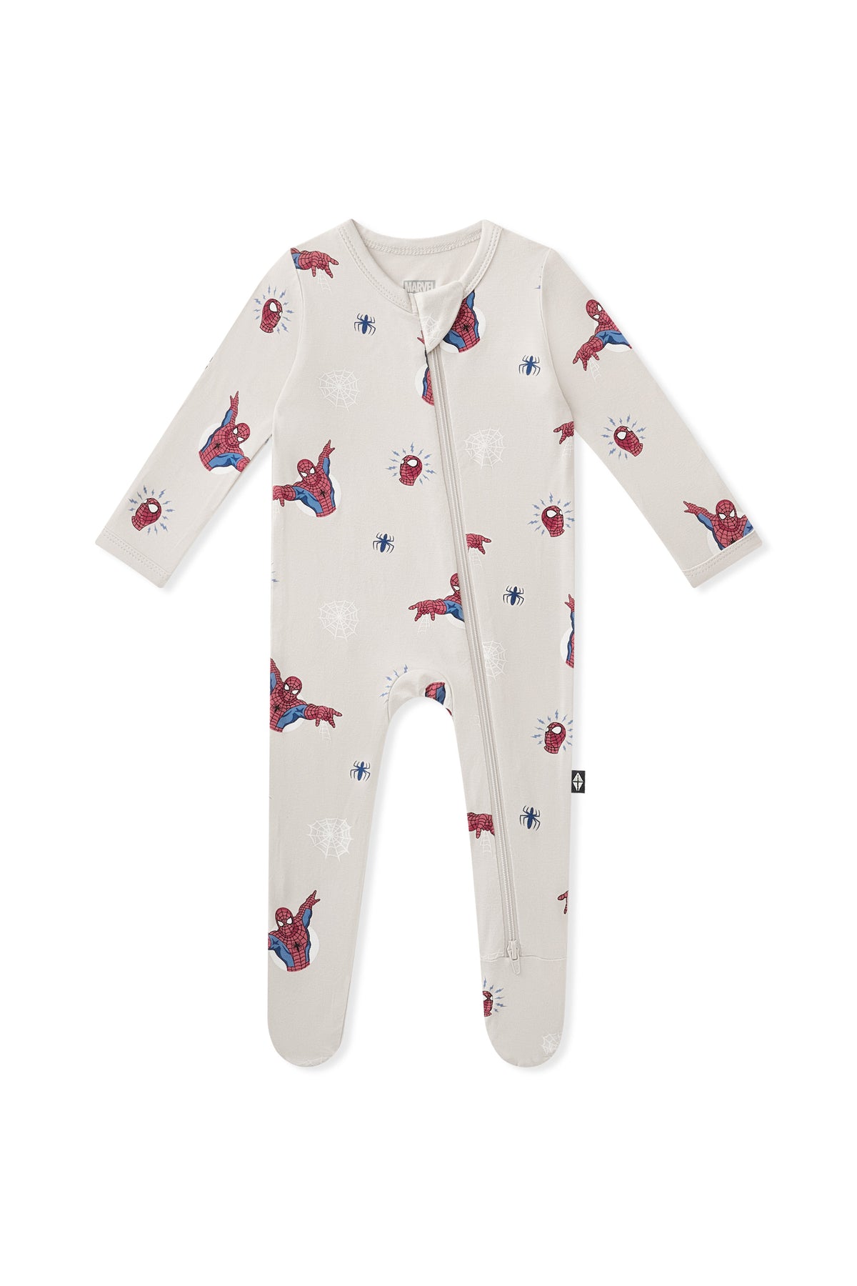 Oat Zippered Footie with Spider-Man print on a white background