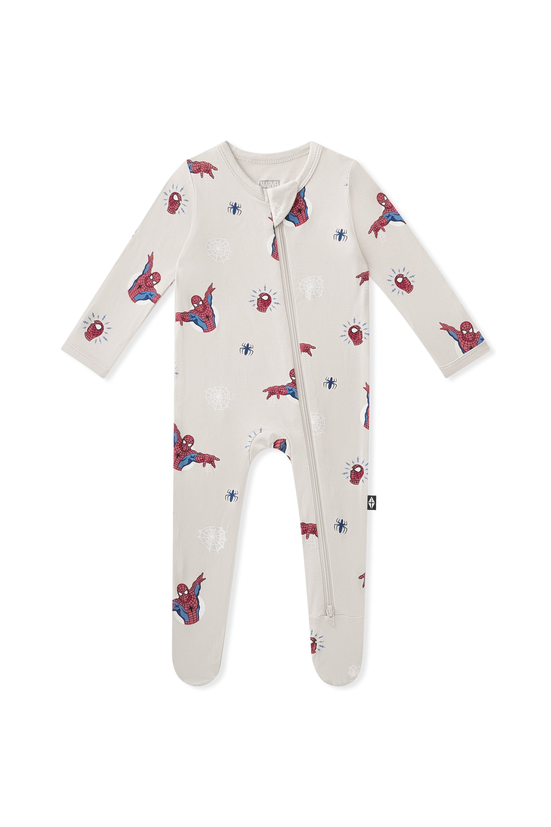 Oat Zippered Footie with Spider-Man print on a white background