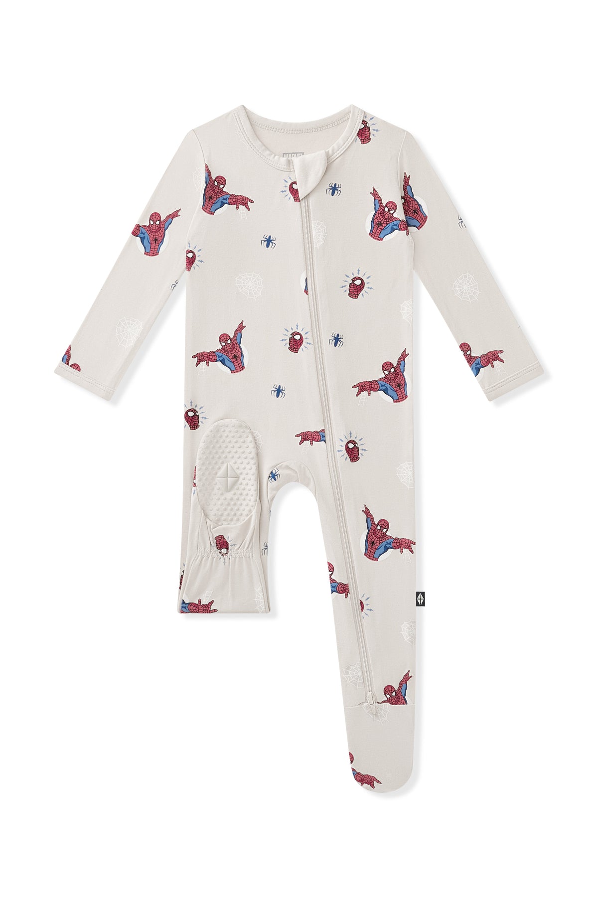 Dotted footie of Oat Zippered Footie with Spider-Man print on a white background
