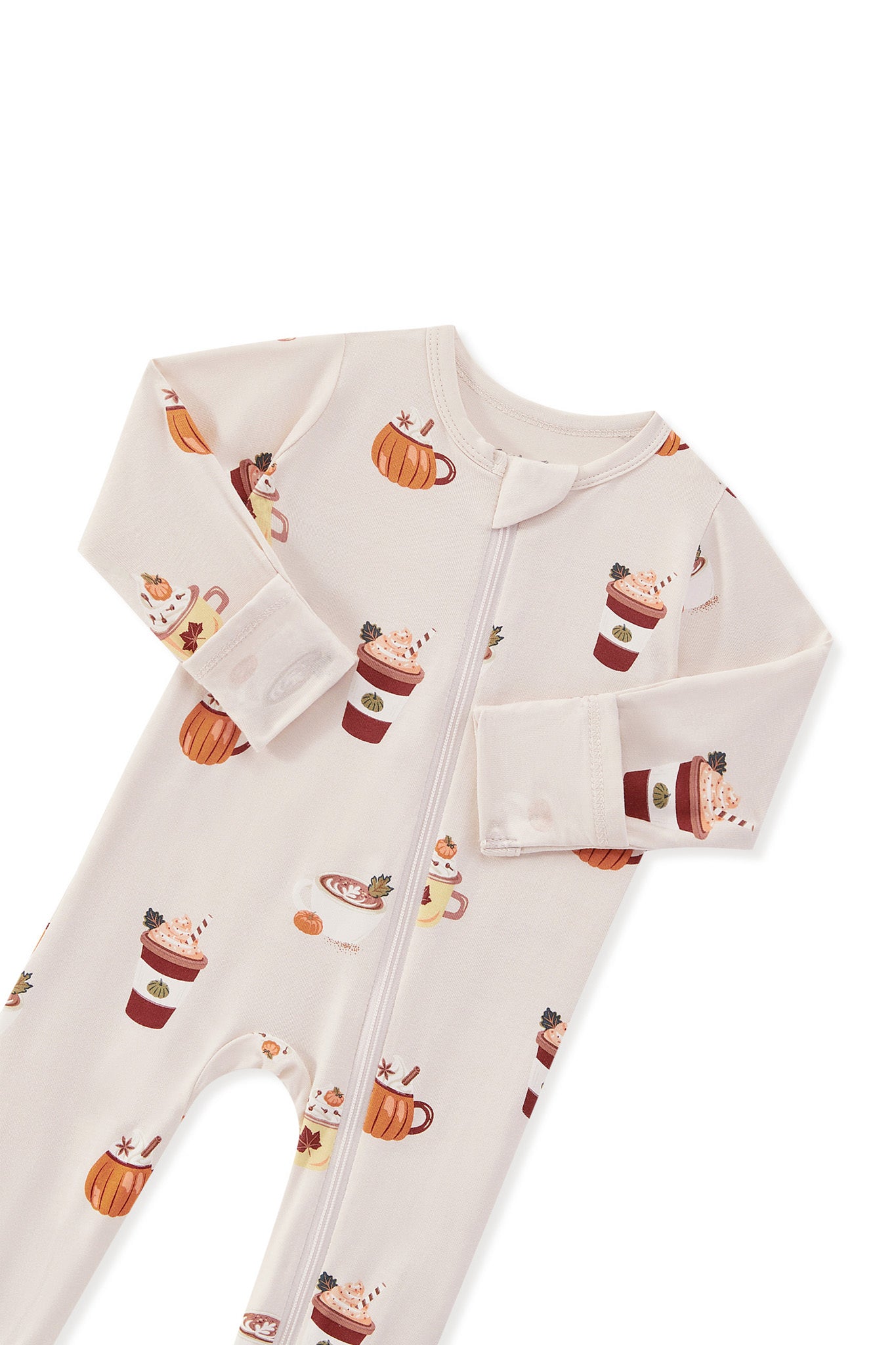 Zippered Footie in Pumpkin Spice Latte print with zipper garage on a white background