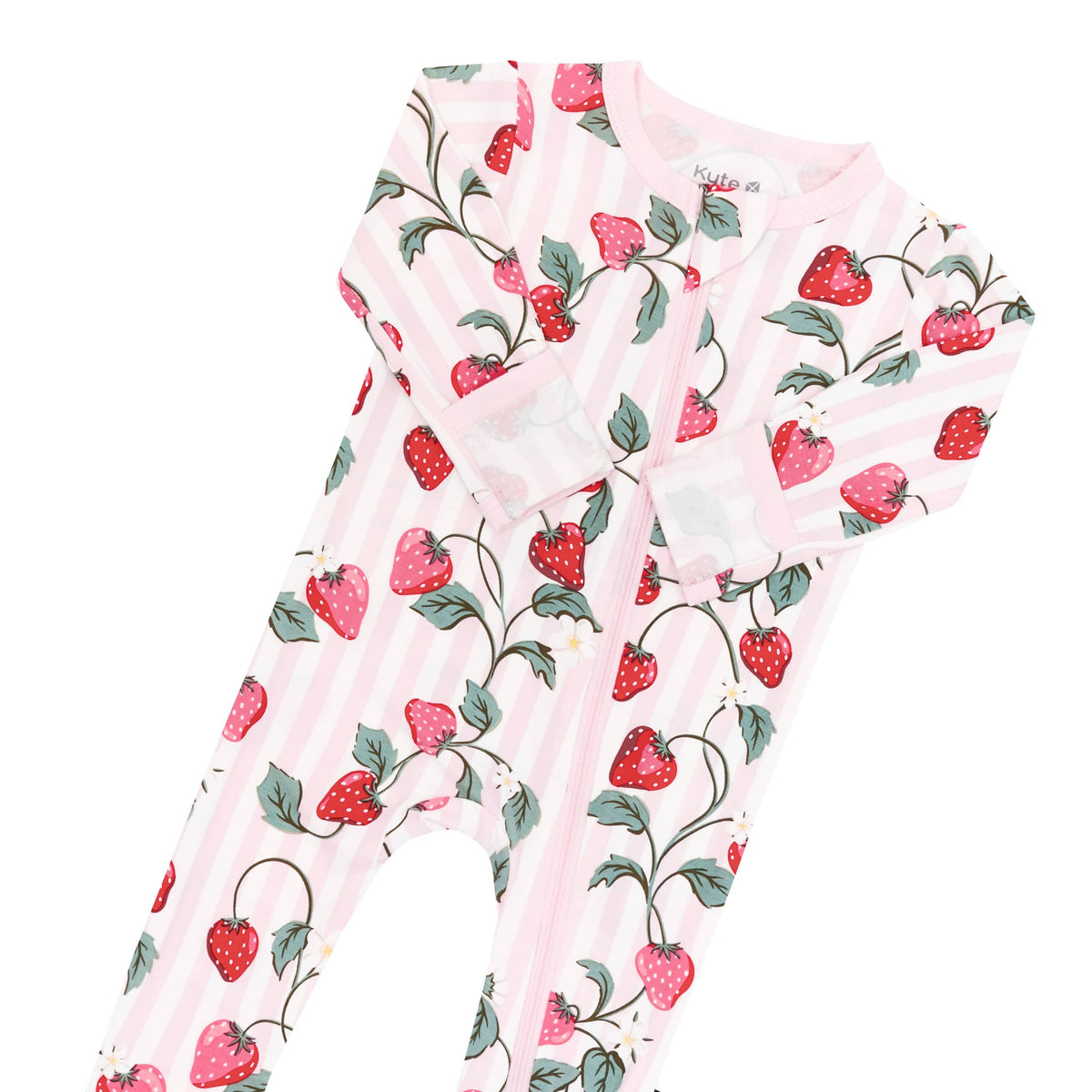 Zipper garage and fold over hand cuffs shown on the Zippered Footie in Strawberry Fields