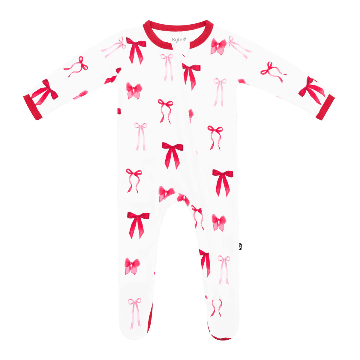 Product photo of the soft and temperature regulating Zippered Footie in Small Love Bow