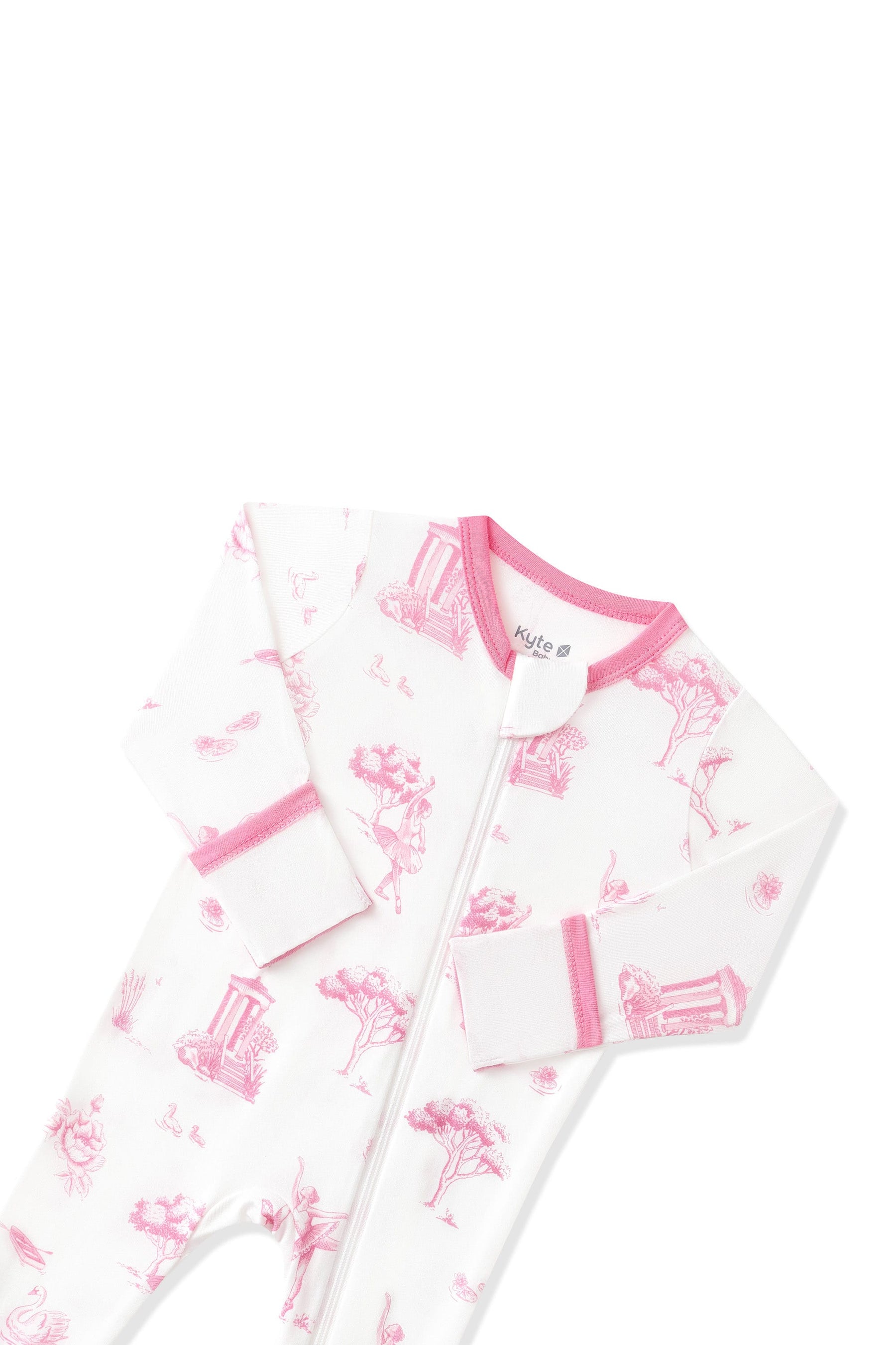 Close up of the zipper garage and fold over hand cuffs shown on the Zippered Footie in Toile Ballet