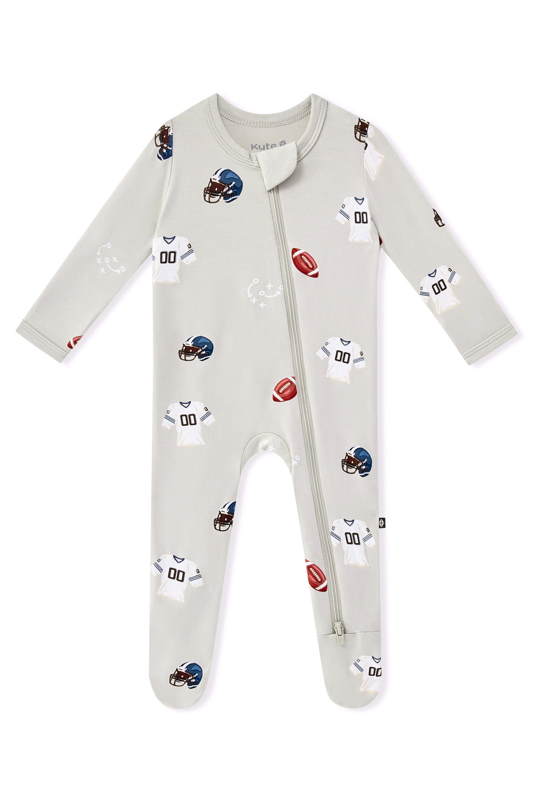 Zippered Footie in Vintage Football print on a white background