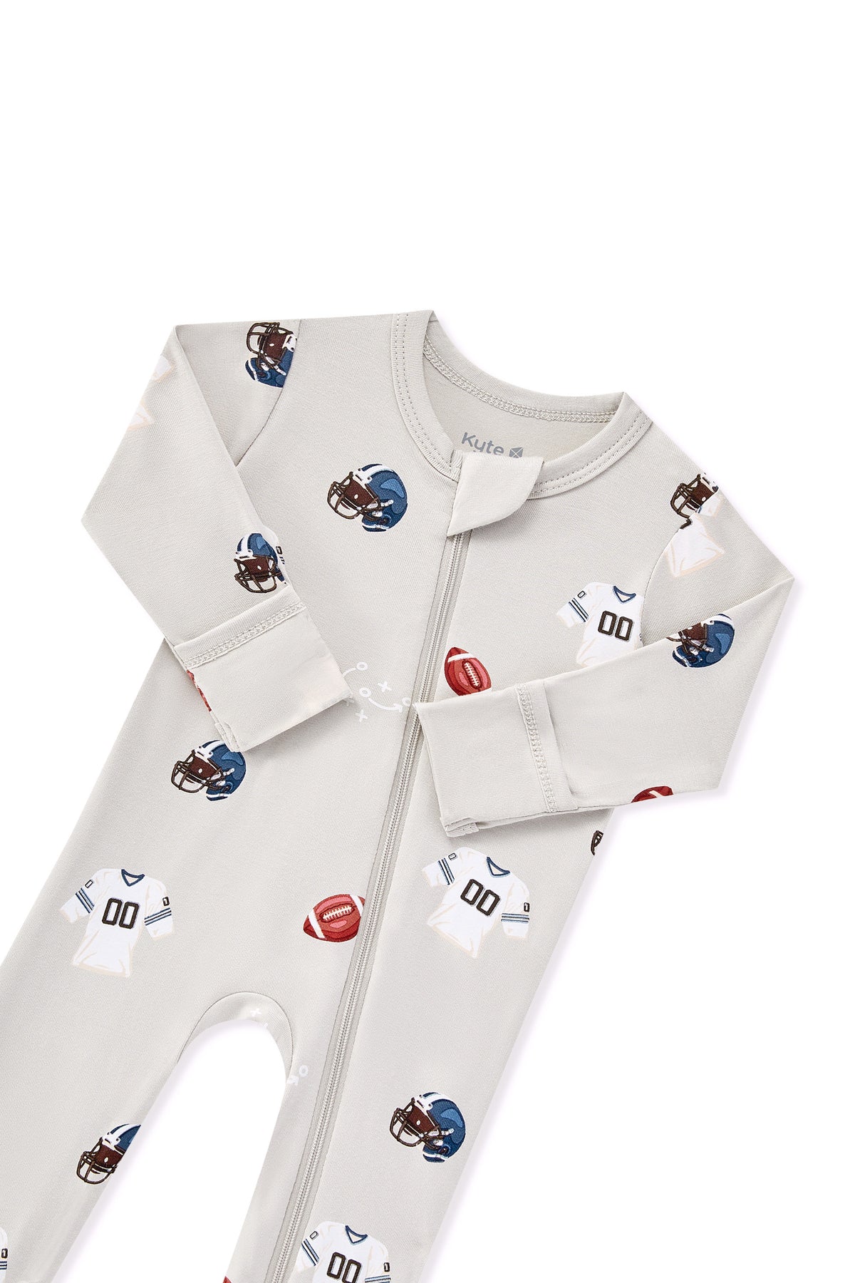 Zippered Footie in Vintage Football print with zipper garage on a white background