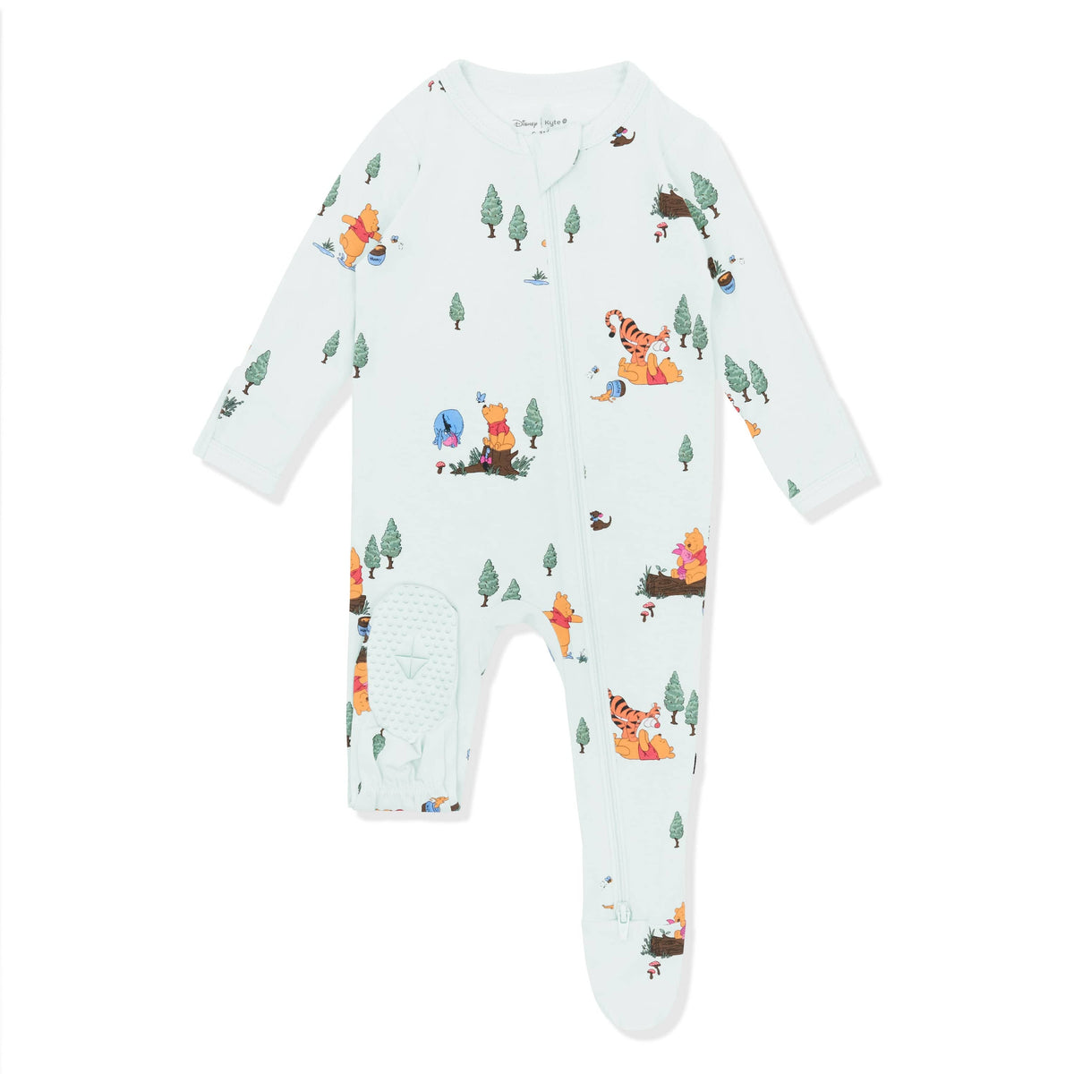 Light green colored foot pad shown on the Zippered Footie in Winnie the Pooh Hundred Acre Wood