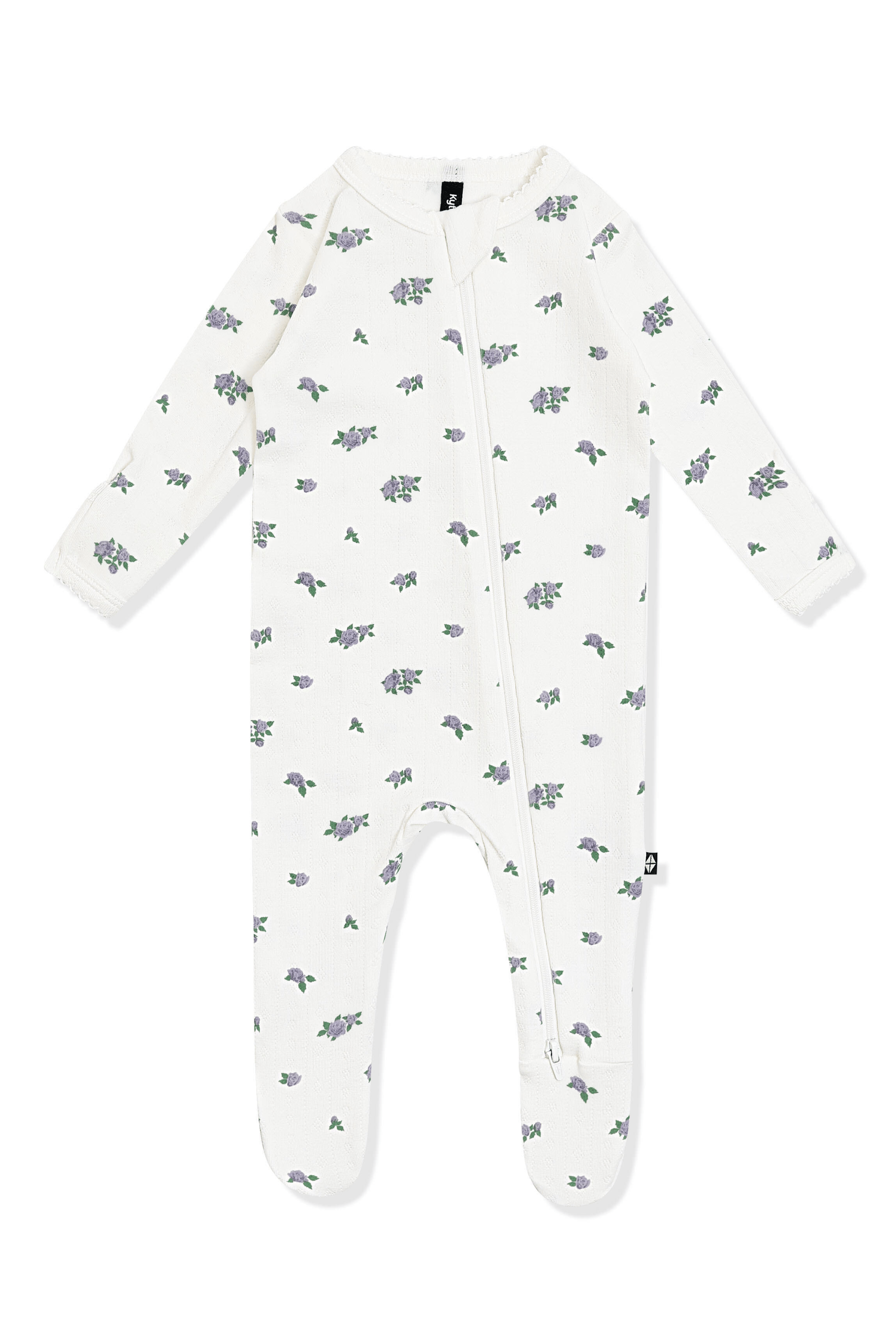 Pointelle Zippered Footie in Spray Rose with the picot trim on a white surface