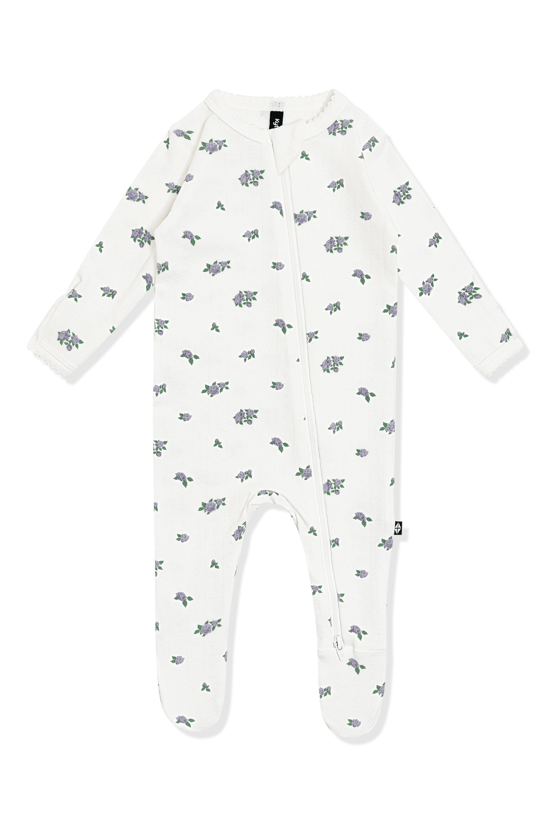 Pointelle Zippered Footie in Spray Rose with the picot trim on a white surface