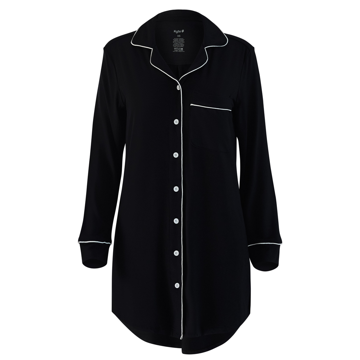 Black nightshirt with white piping on a white background