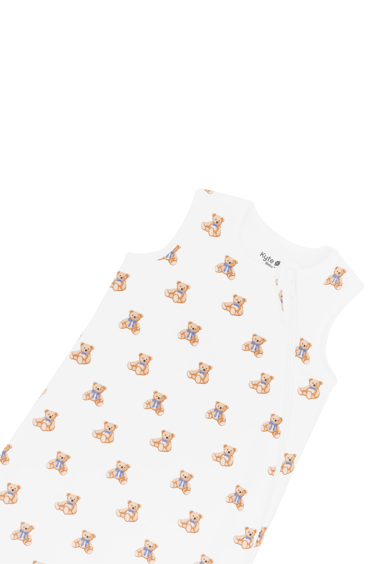 A white sleeveless baby sleep sack featuring a repeating pattern of small teddy bears wearing blue bowties, shown against a plain white background.