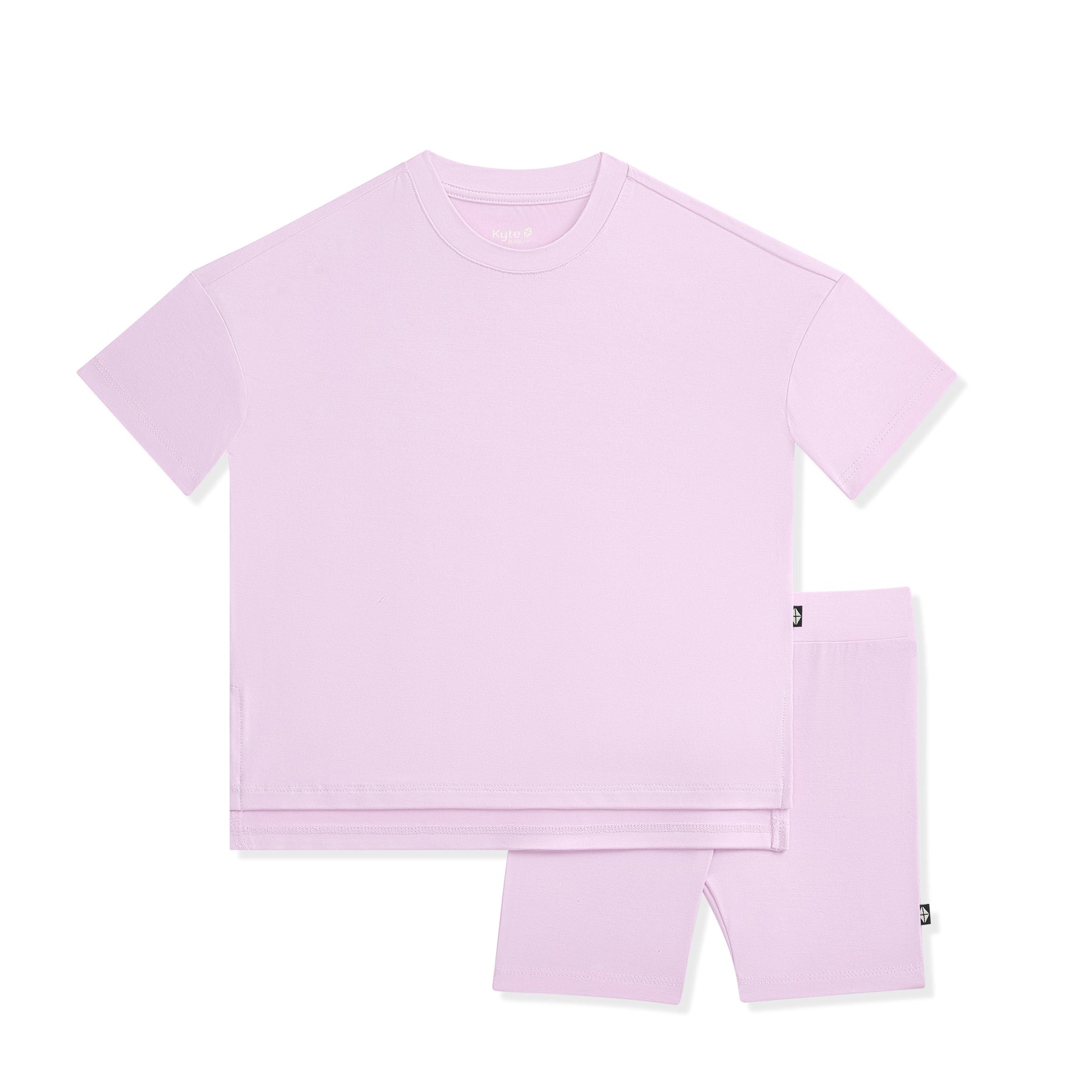 Light purple t-shirt and biker short set on a white background