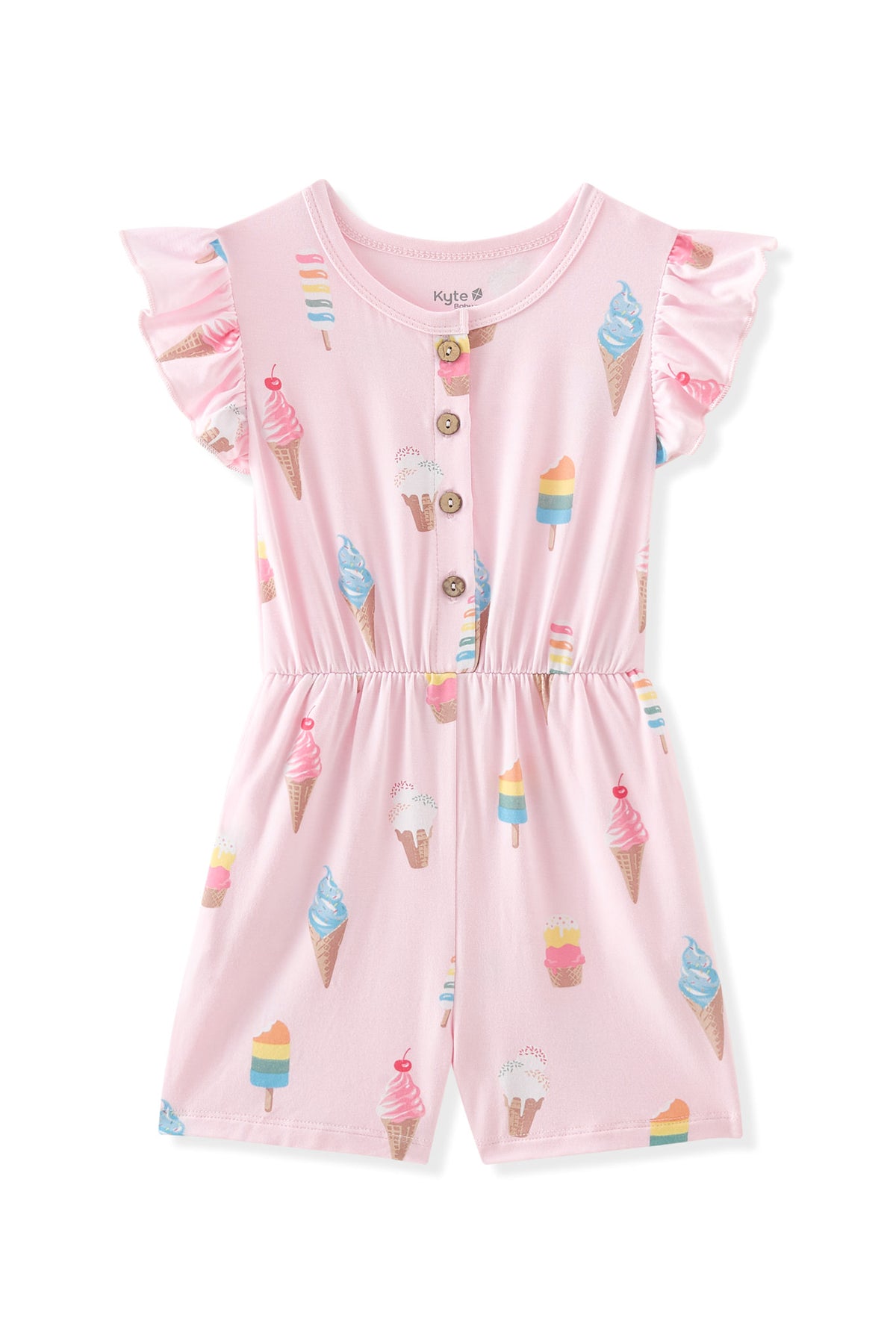 Pink Flutter Sleeve Romper with Ice Cream print on white background