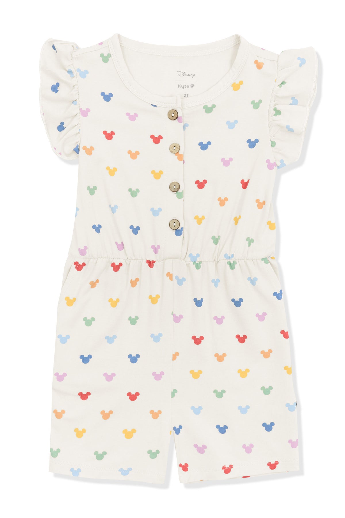 Flutter Sleeve Romper with Pastel Mickey Mouse pattern on an oat background