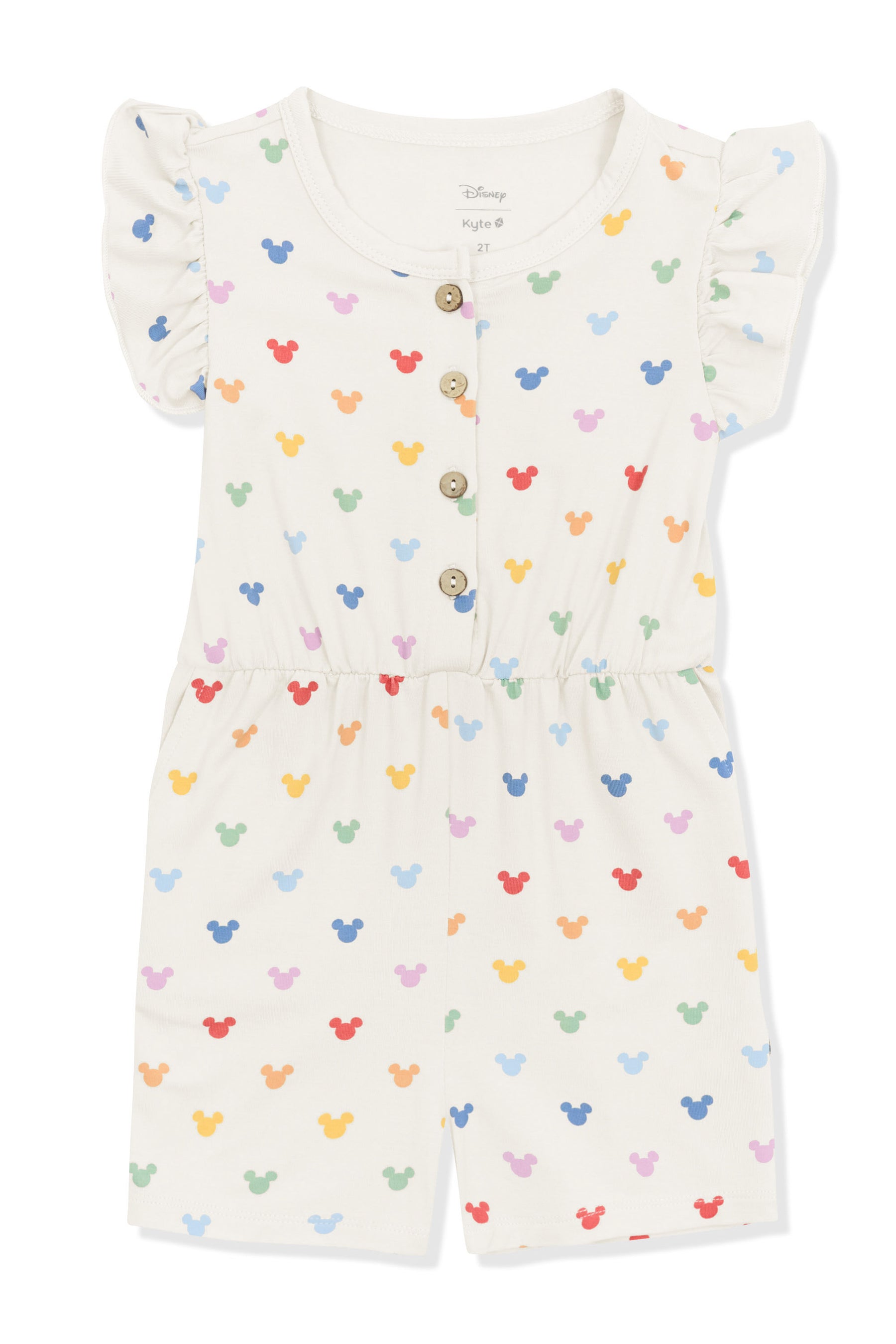 Flutter Sleeve Romper with Pastel Mickey Mouse pattern on an oat background