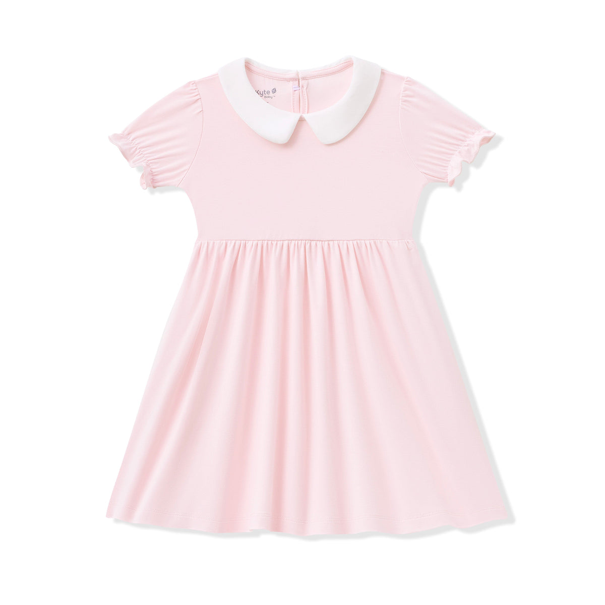 Pink dress with a white collar on a white background