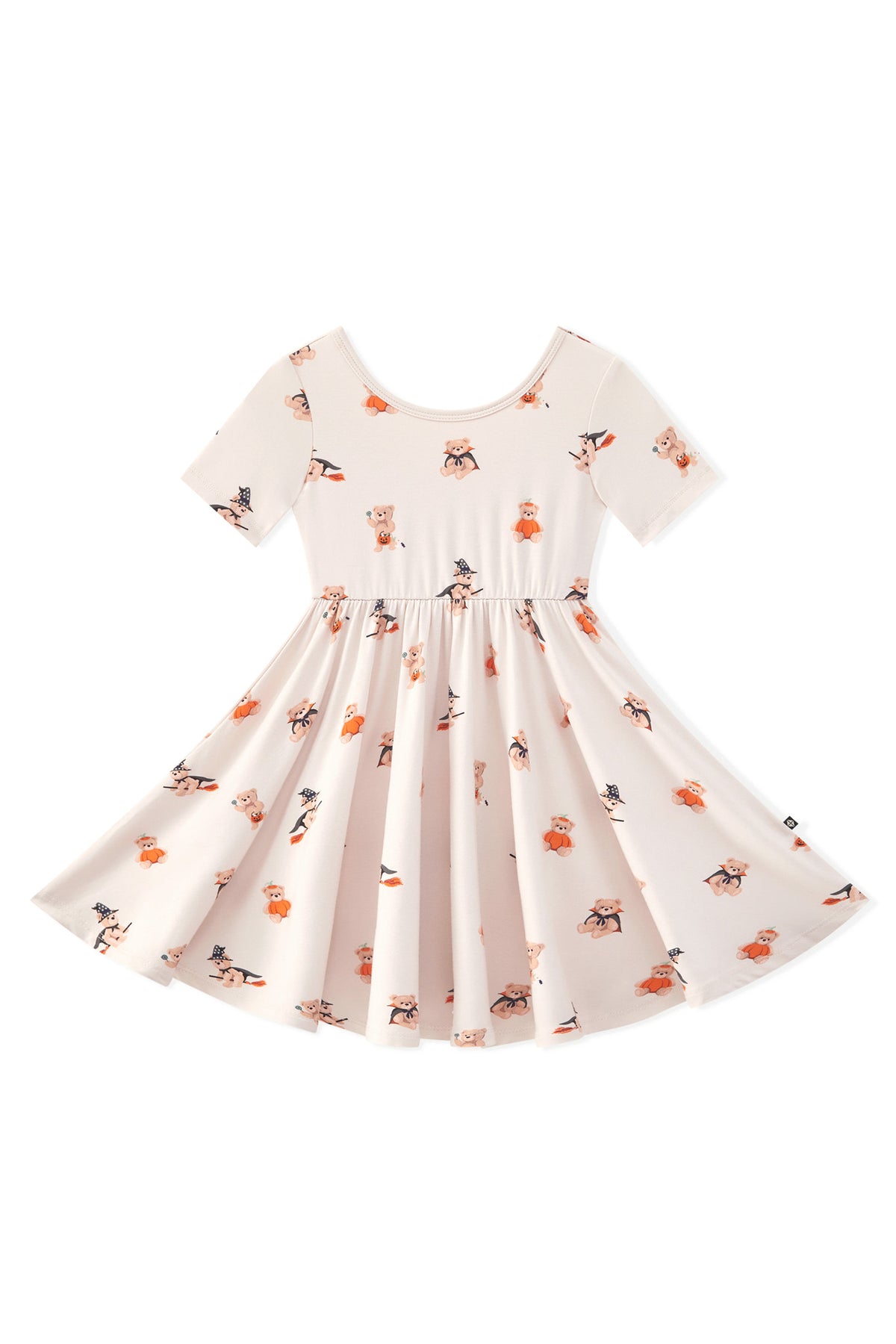 Beige Twirl Dress in Halloween Teddy print on a white background