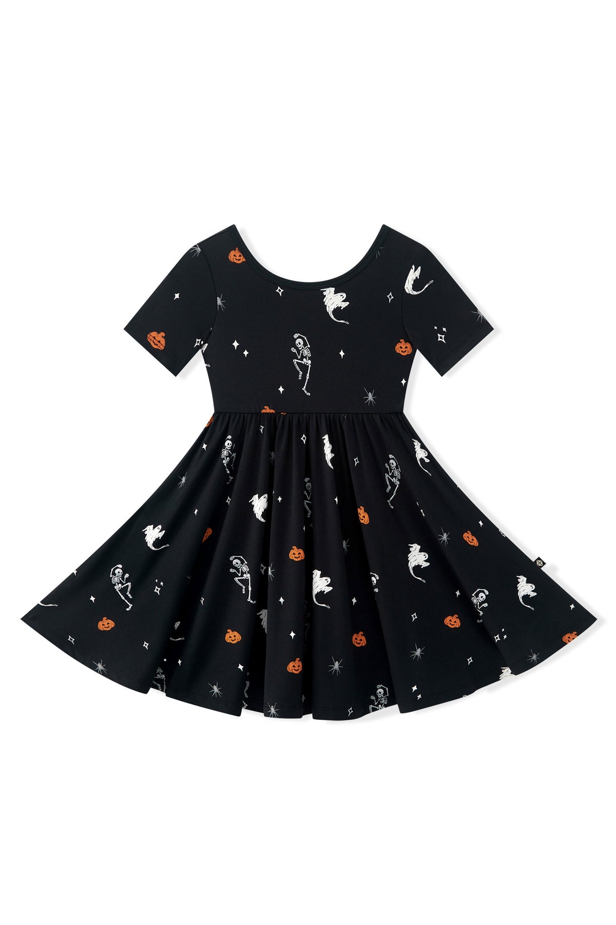 Black Twirl Dress in Halloween Friends print on a white background