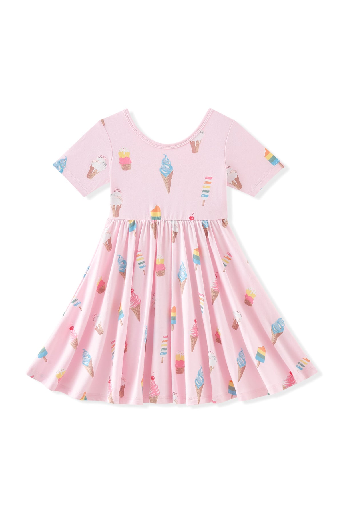 Pink Twirl Dress with Ice Cream print on white background