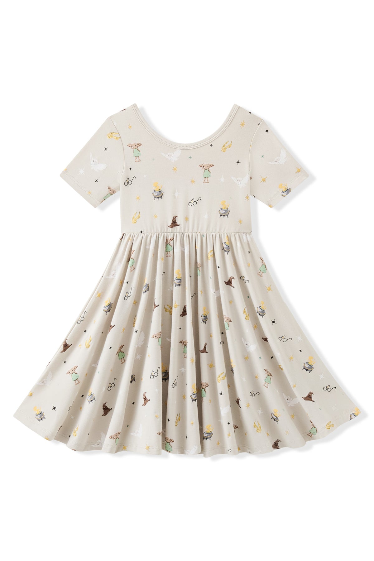Harry Potter patterned twirl dress on a white background