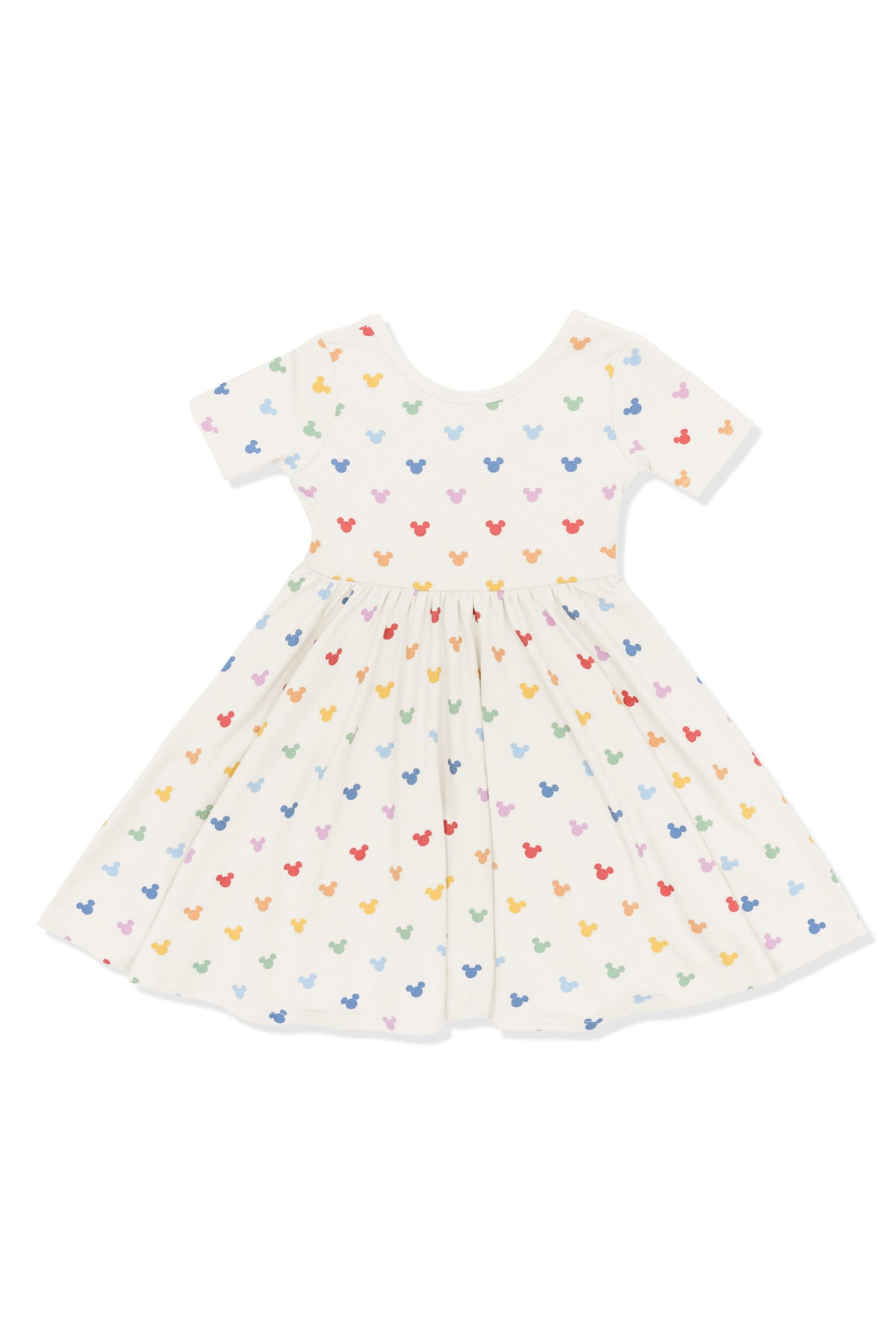 Twirl Dress with Pastel Mickey Mouse pattern on an oat background