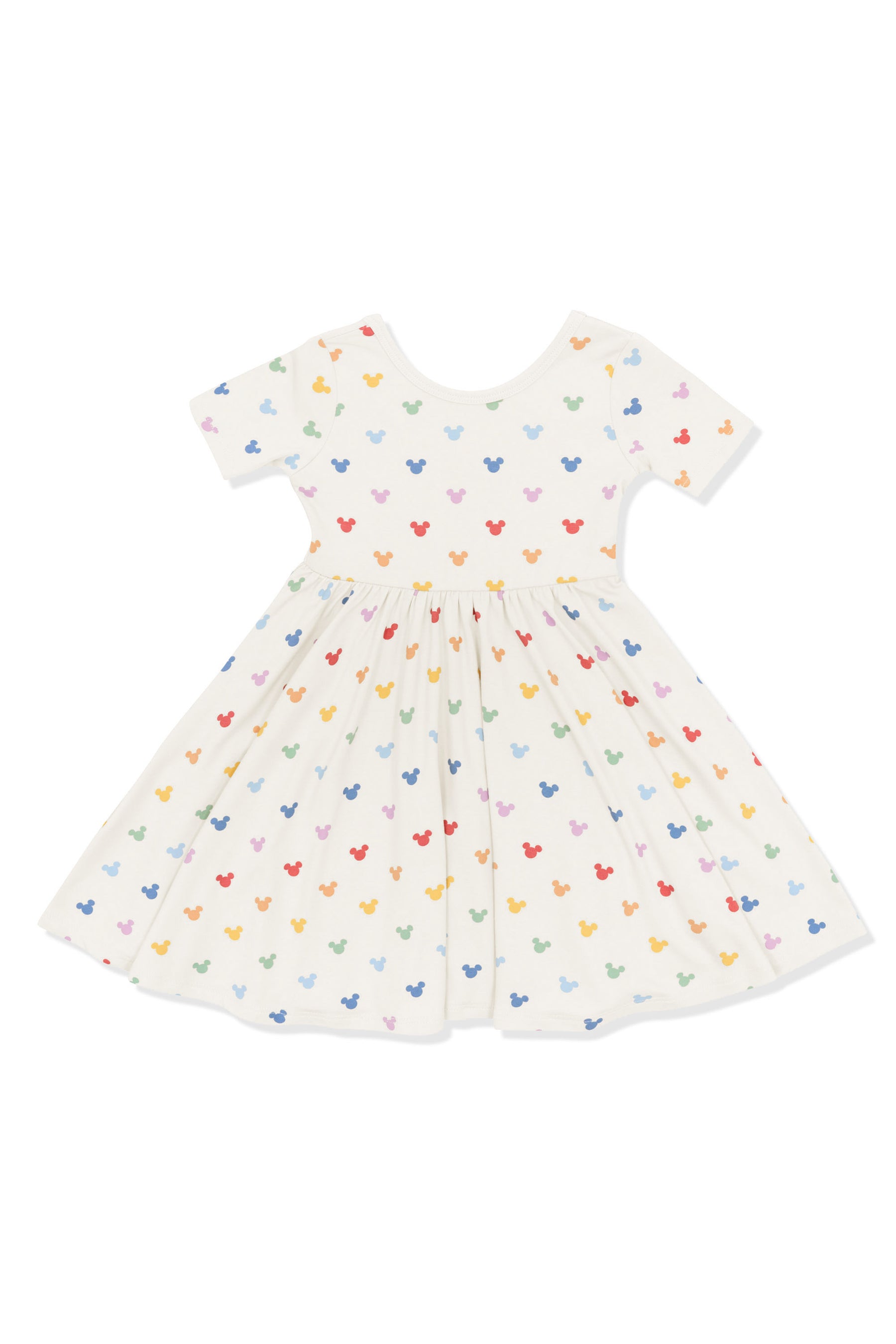 Twirl Dress with Pastel Mickey Mouse pattern on an oat background