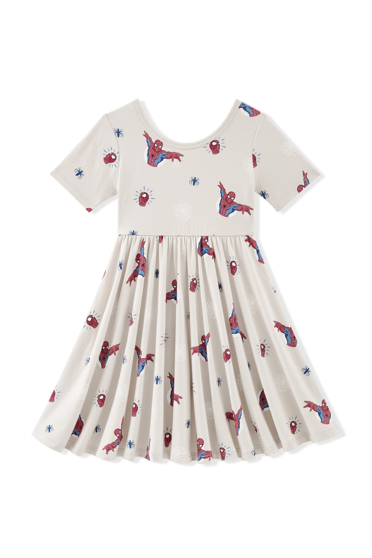 Oat Twirl Dress with Spider-Man print on a white background