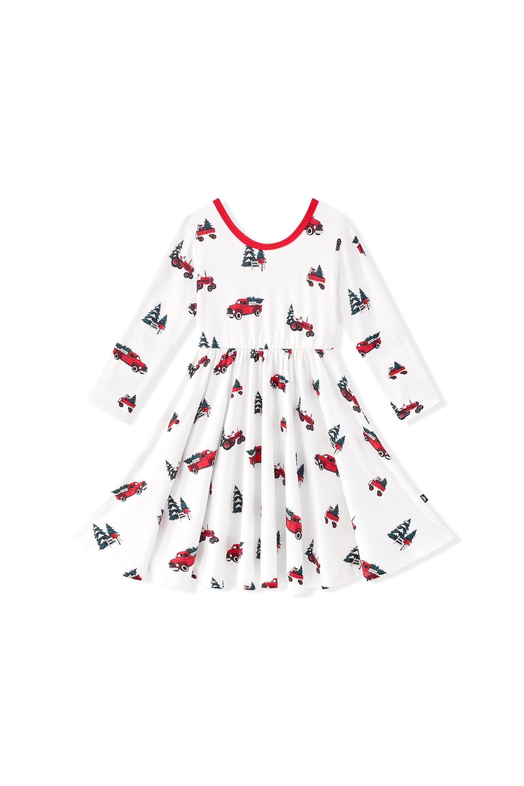 Long Sleeve Twirl Dress in Holiday Tree Farm