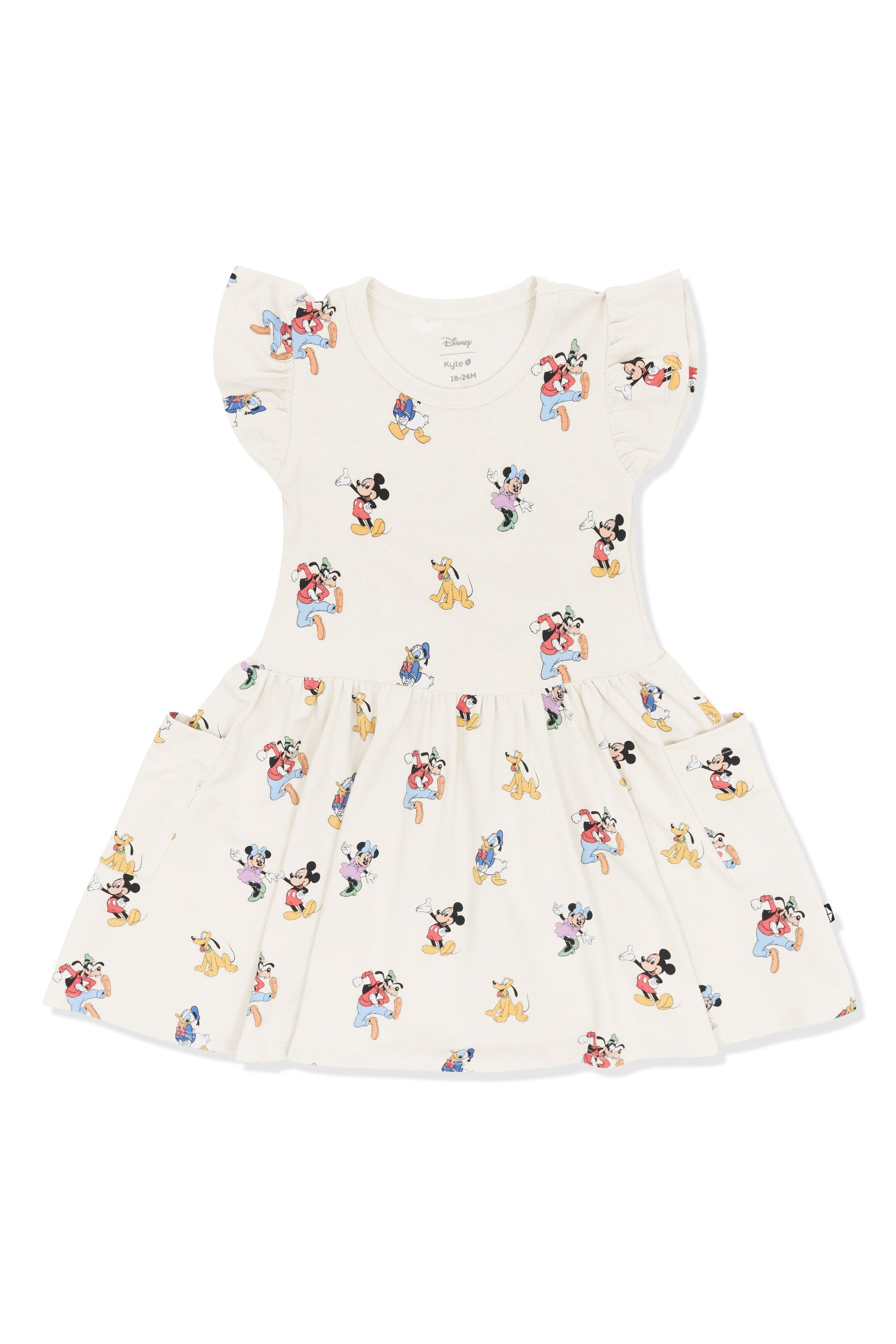 Pocket Dress with Mickey Mouse and Friends print on an oat background