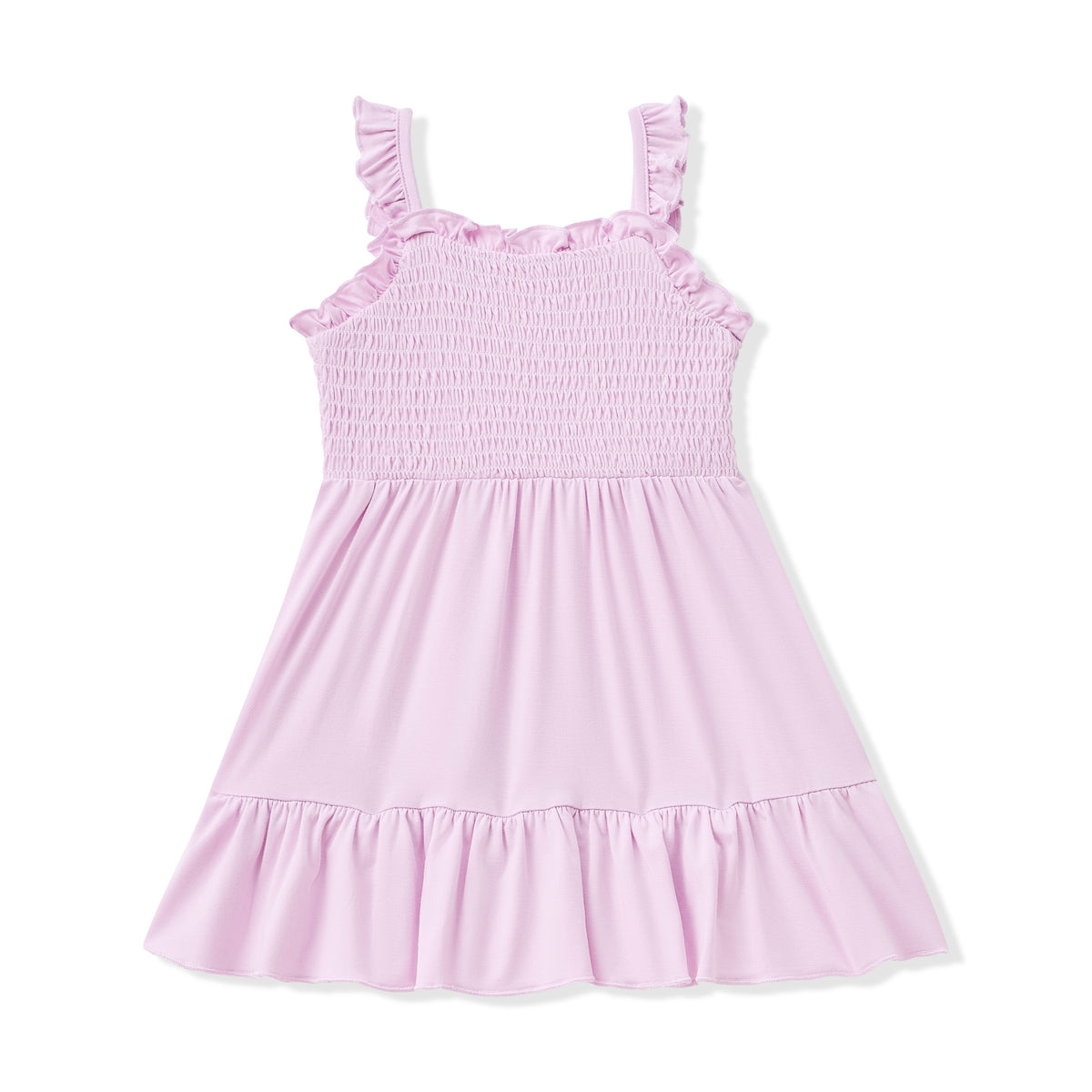 Pink smocked dress with ruffled straps on a white background