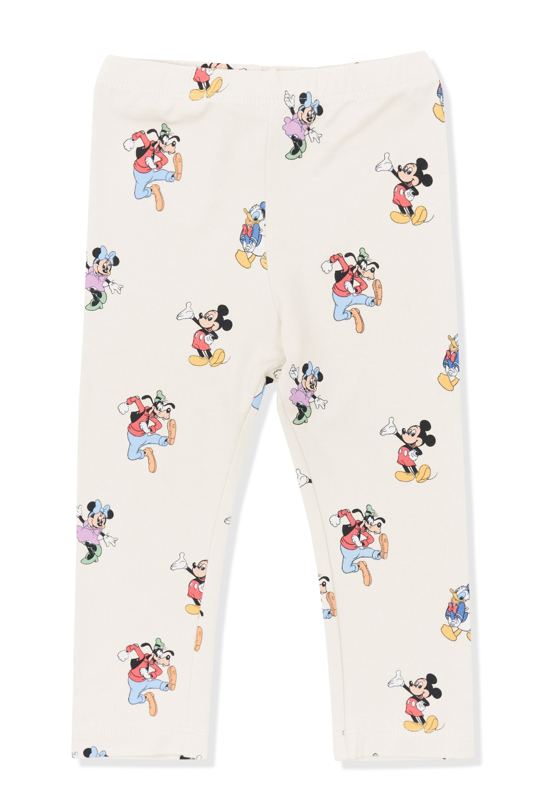 Toddler Leggings with Mickey Mouse and Friends print on an oat background