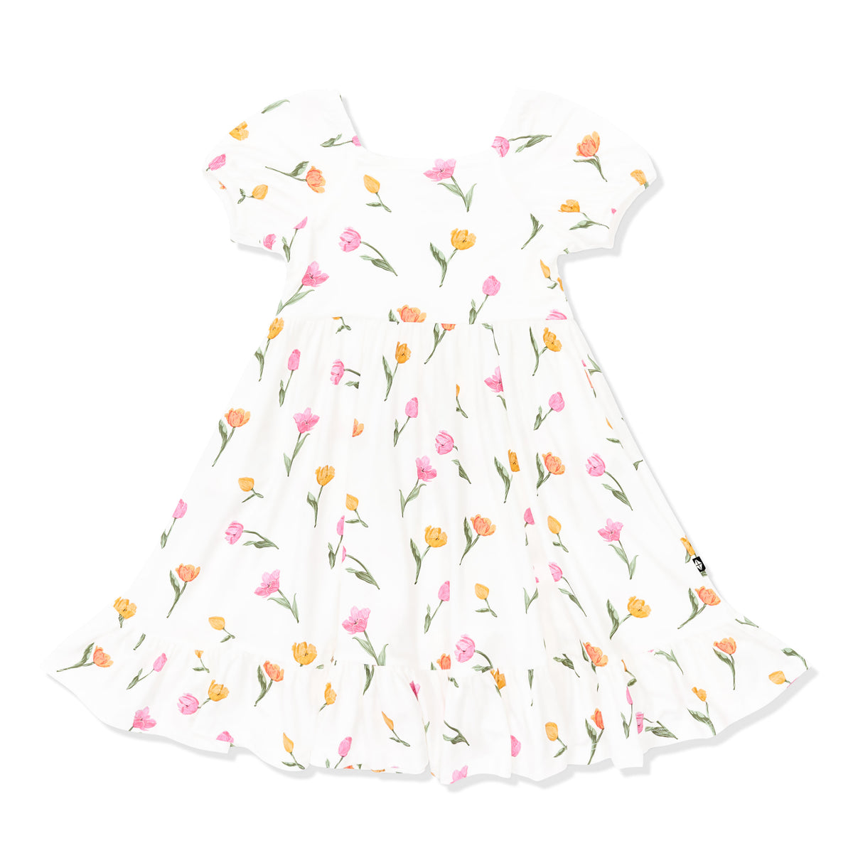 Product photo of the Puff Sleeve Twirl Dress in Tulip shown on a white background